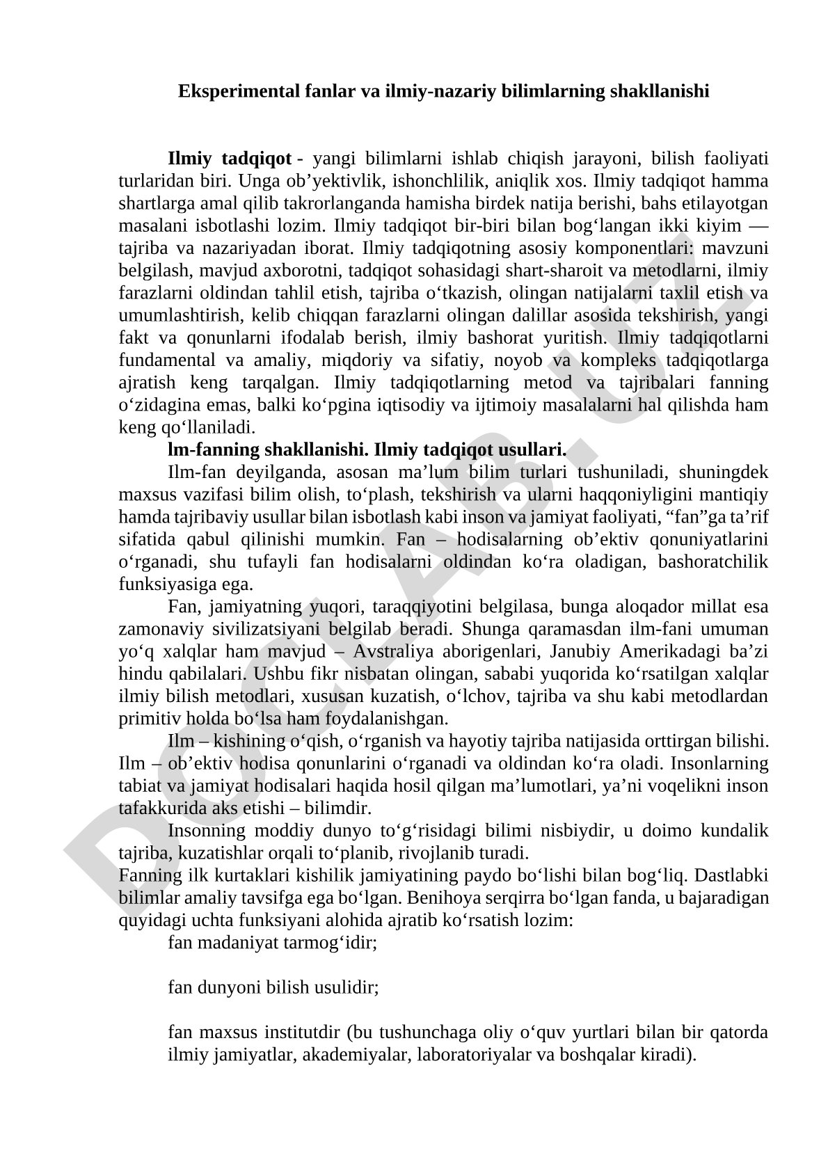 Eksperimental fanlar va ilmiy-nazariy bilimlarning shakllanishi