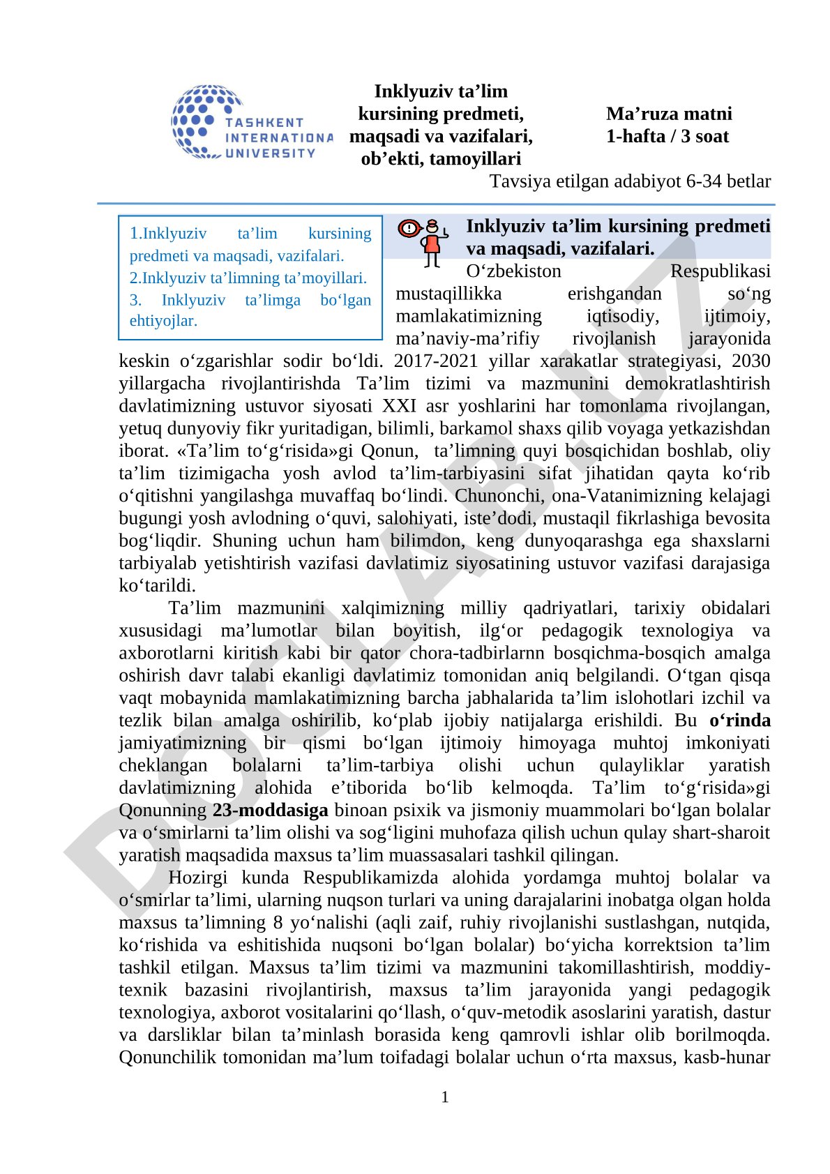 Inklyuziv ta’lim kursining predmeti, maqsadi va vazifalari, ob’ekti, tamoyillari