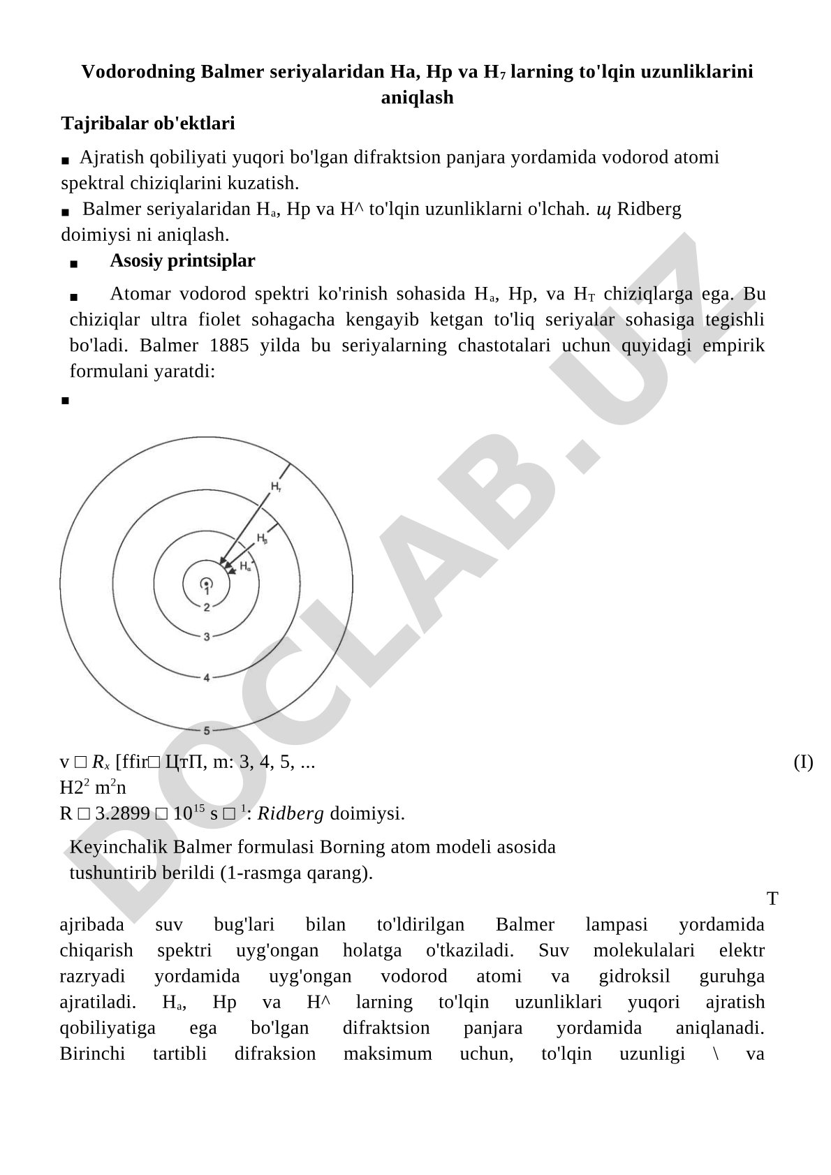 Vodorodning Balmer seriyalaridan Ha, Hp va H7 larning to'lqin uzunliklarini aniqlash