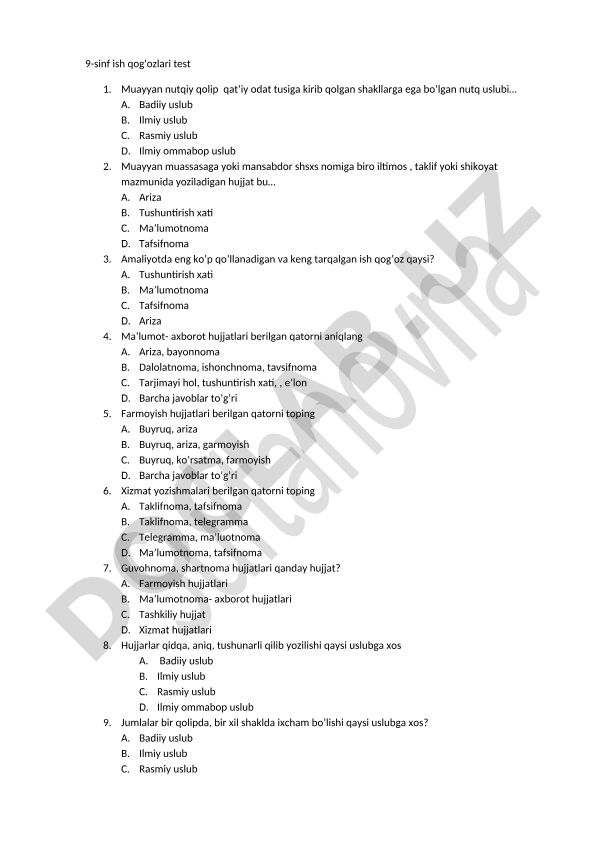 9-sinf ish qog'ozlari test savollari
