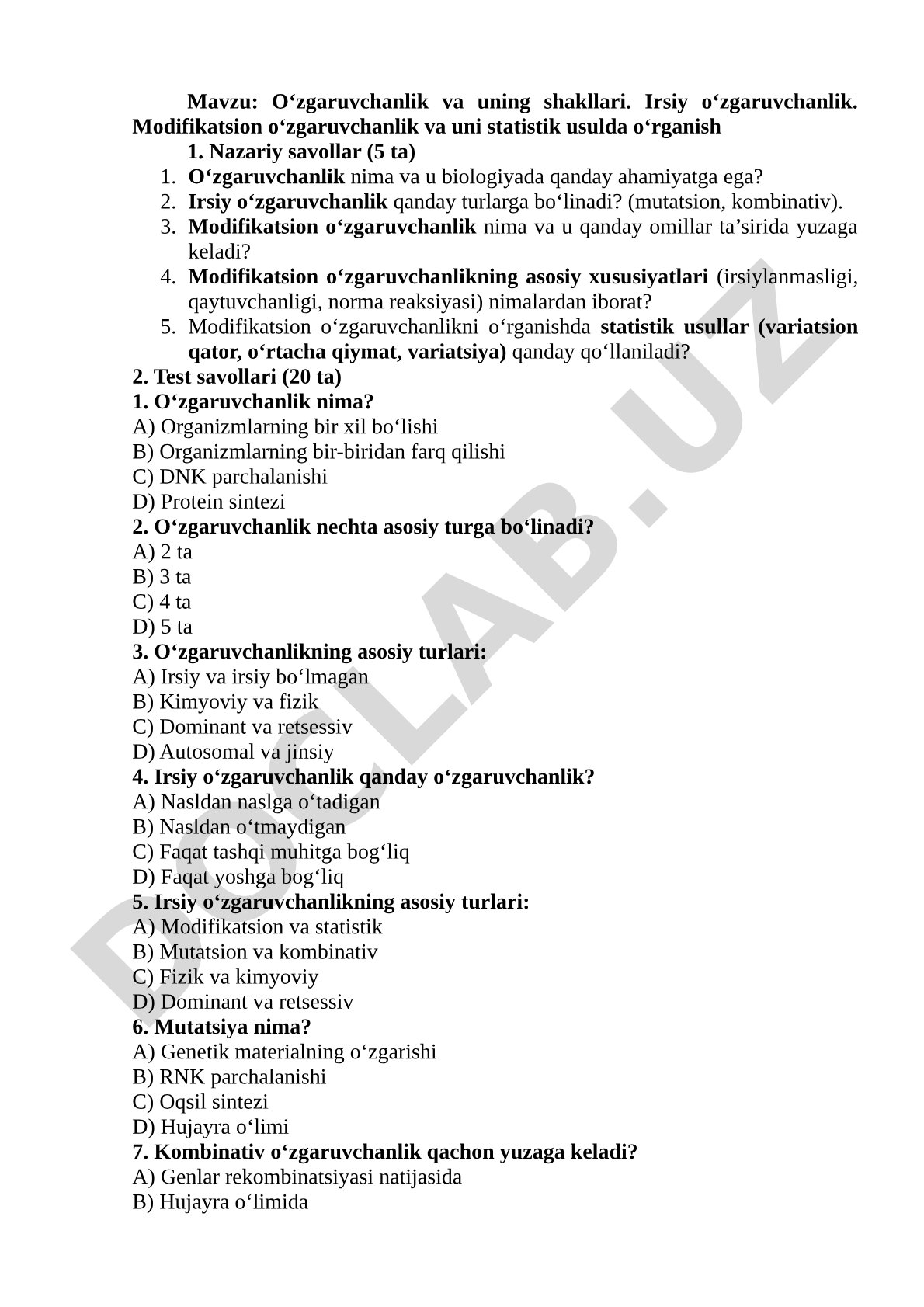 O‘zgaruvchanlik va uning shakllari. Irsiy o‘zgaruvchanlik. Modifikatsion o‘zgaruvchanlik