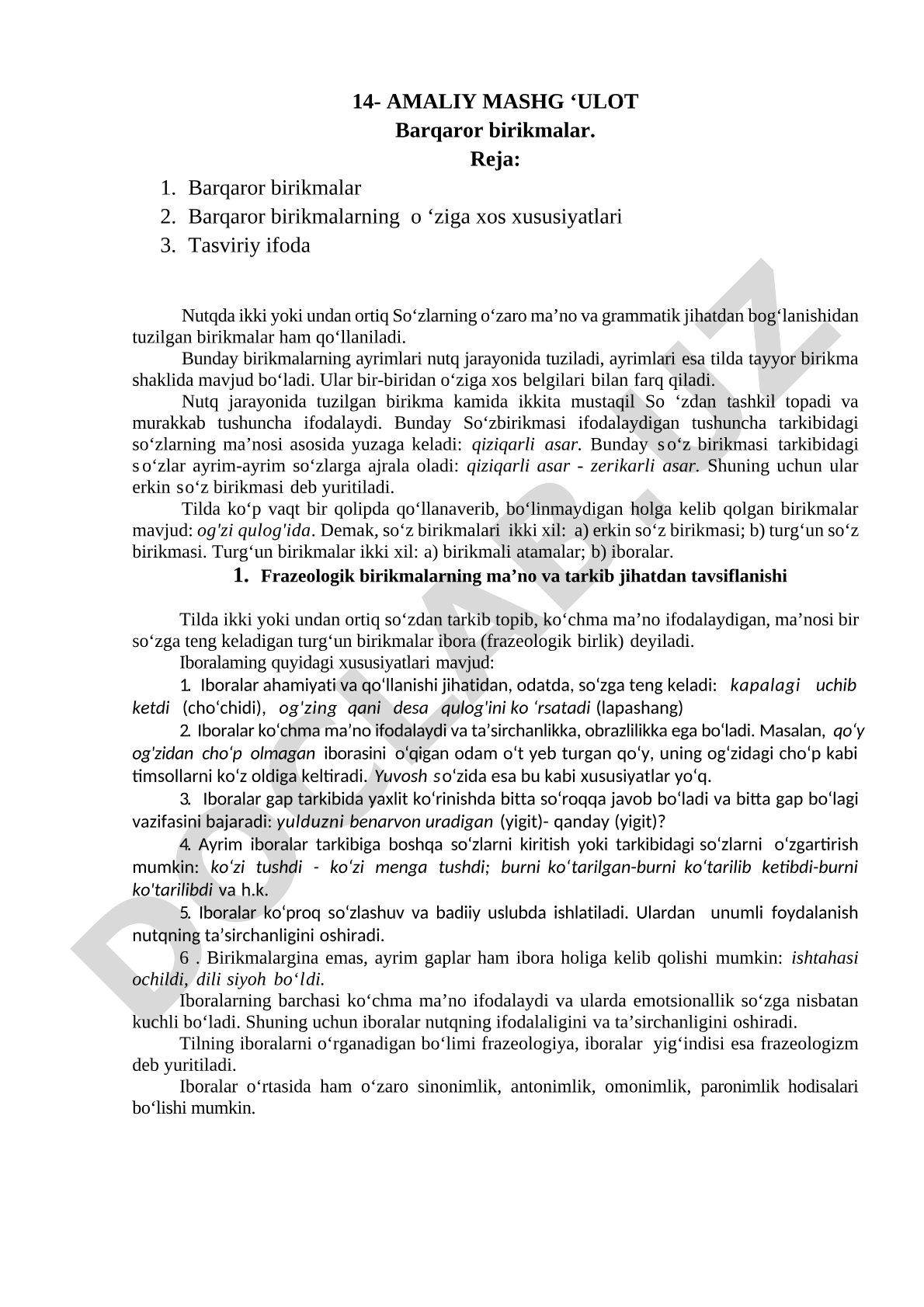 Barqaror so'z birikmalarining turlari va frazeologik iboralar haqida ma'lumot