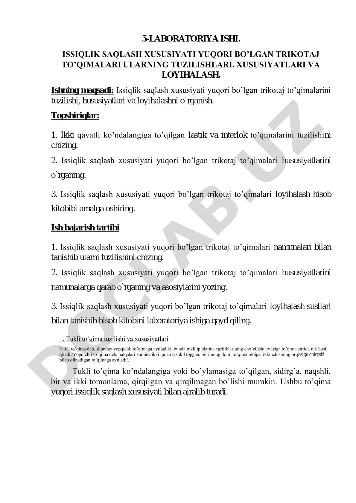 Issiqlik saqlash xususiyati yuqori bo’lgan trikotaj to’qimalari ularning tuzilishlari, xususiyatlari va loyihalash