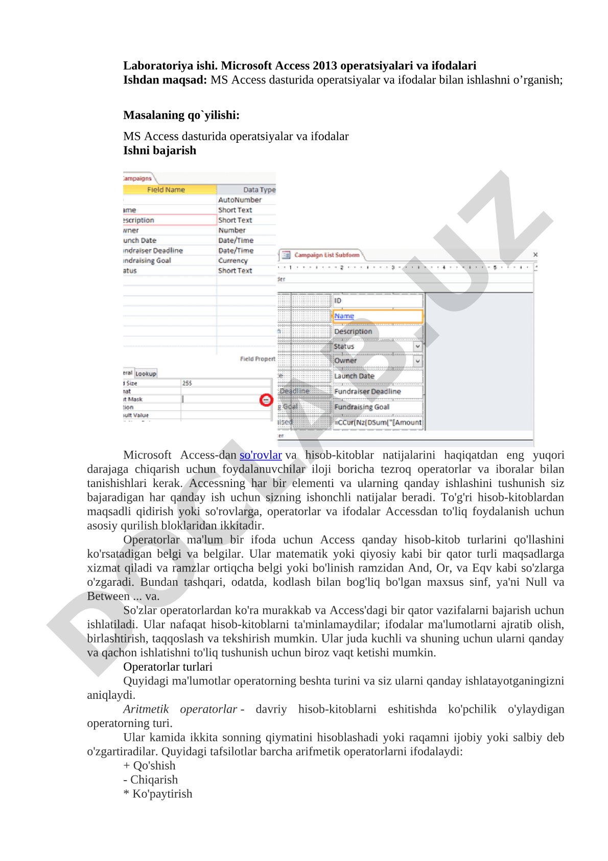 Laboratoriya ishi. Microsoft Access 2013 operatsiyalari va ifodalari
