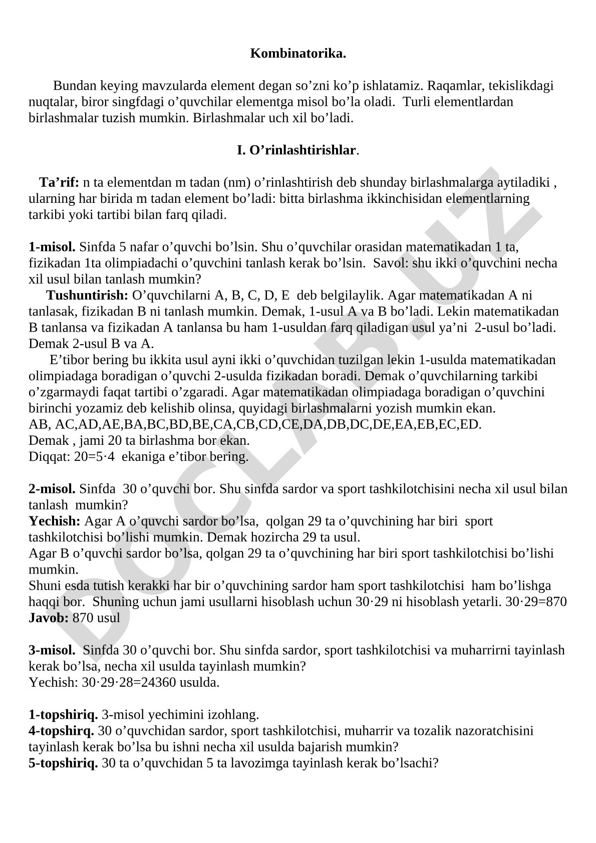 Kombinatorikada o'rinlashtirishlar tushunchasi