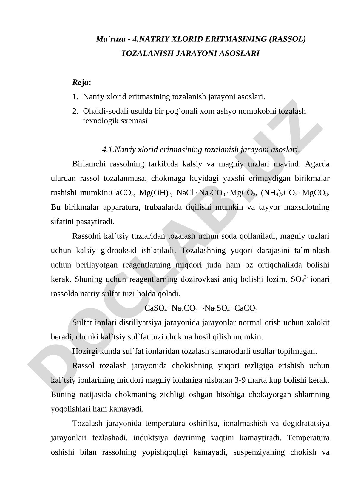 Natriy xlorid eritmasining (rassol) tozalanish jarayoni asoslari