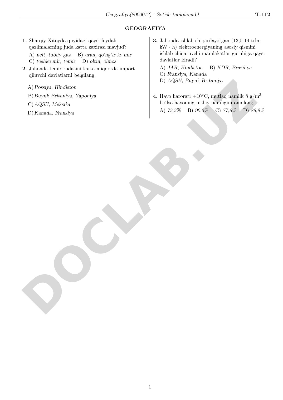 Geografiya testi (T-112)