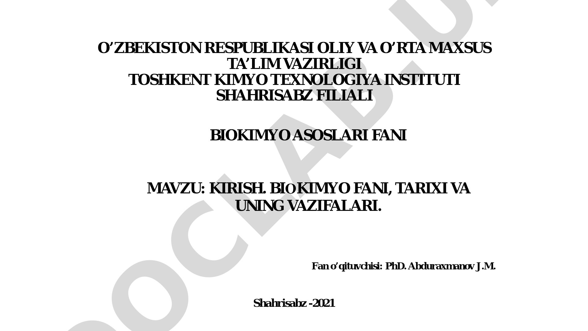 Biokimyo faniga kirish, tarixi va vazifalari