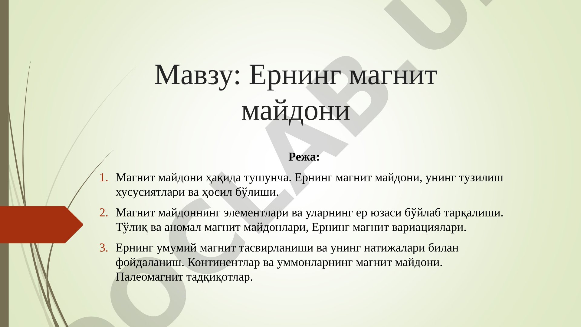 Ернинг магнит майдони, унинг тузилиши, элементлари, вариациялари ва палеомагнит