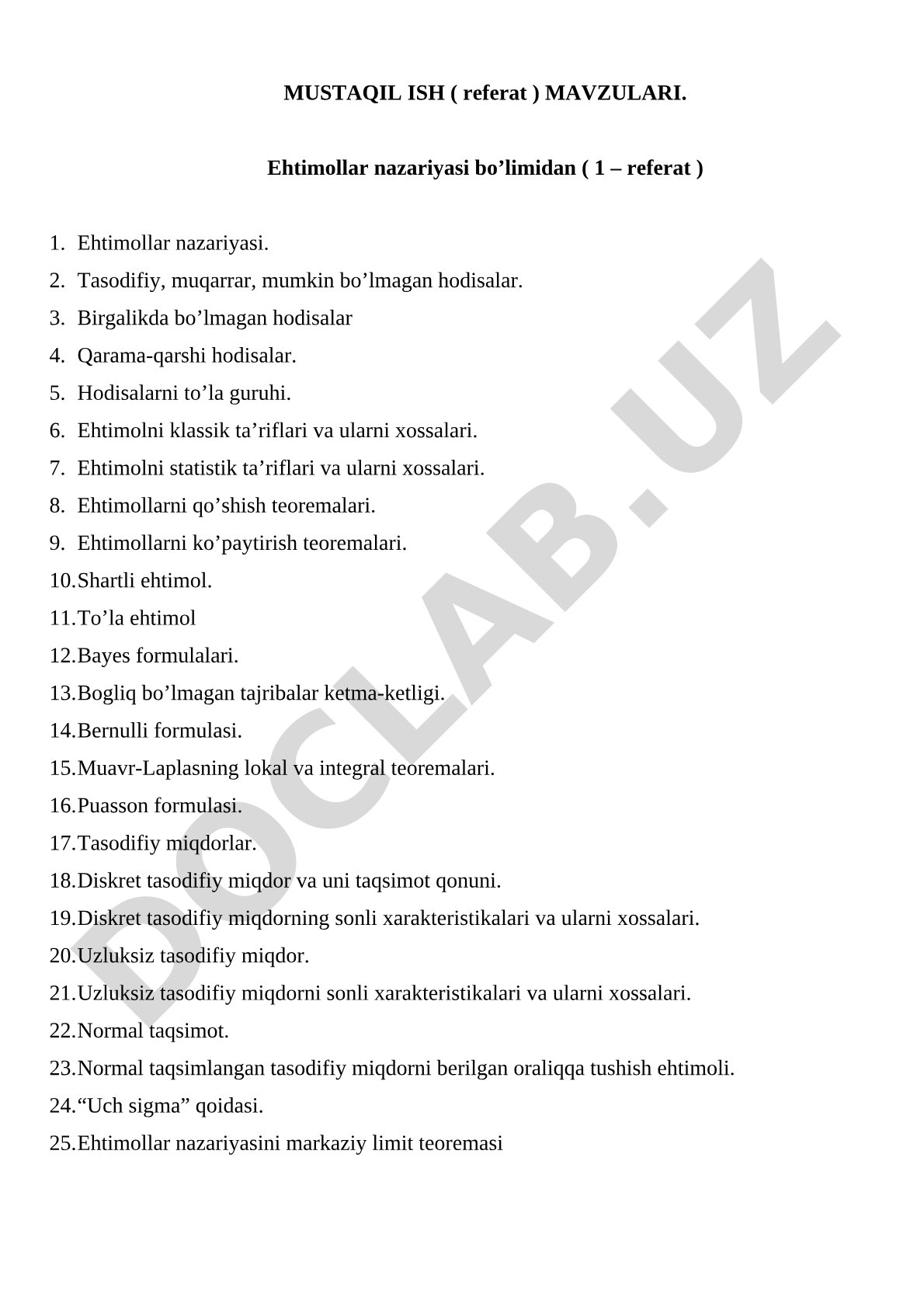 Ehtimollar nazariyasi va matematik statistika mavzulari