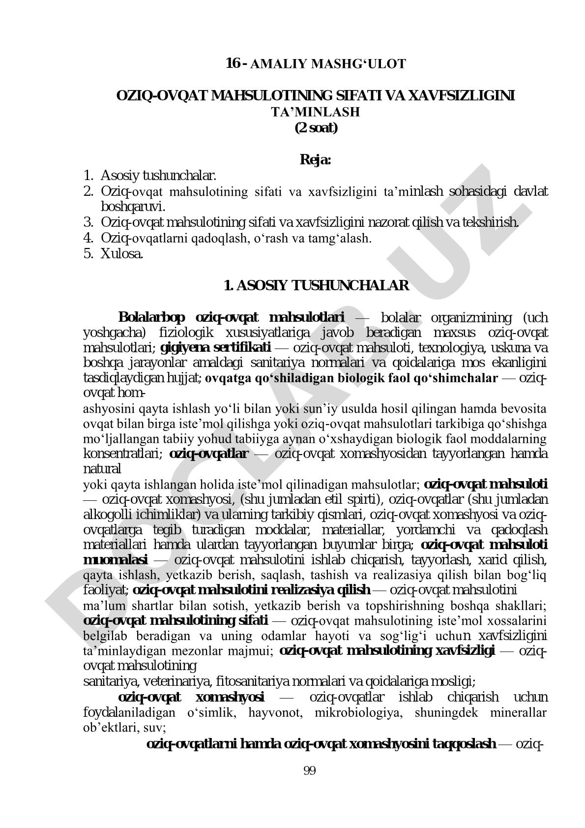 Oziq-ovqat mahsulotining sifati va xavfsizligini ta’minlash