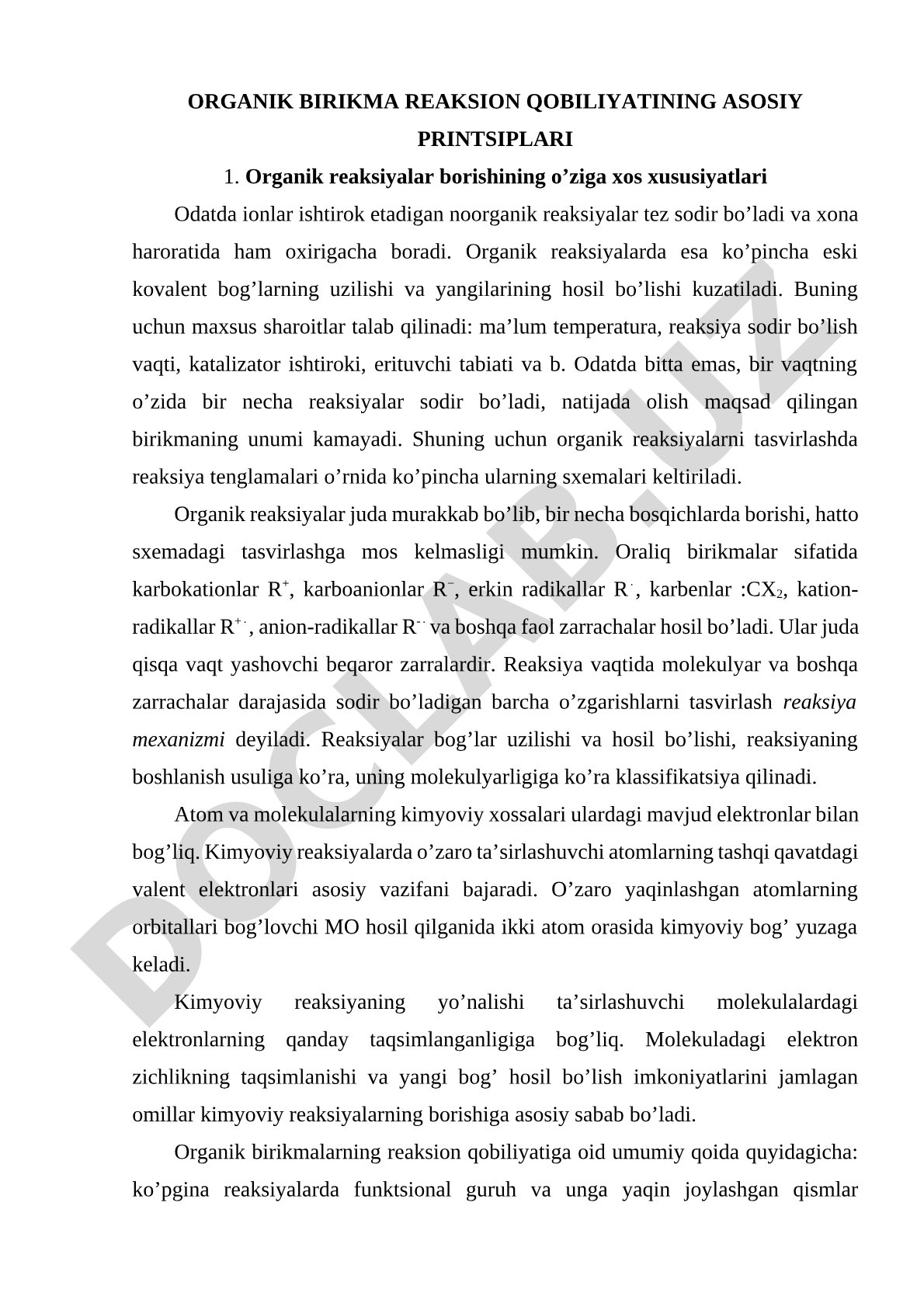 ORGANIK BIRIKMA REAKSION QOBILIYATINING ASOSIY PRINTSIPLARI