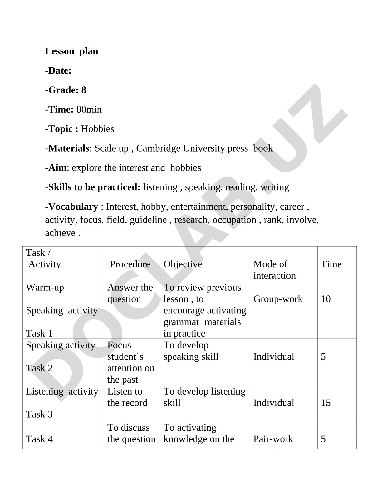 Lesson plan for grade 8 on hobbies, including activities for listening, speaking