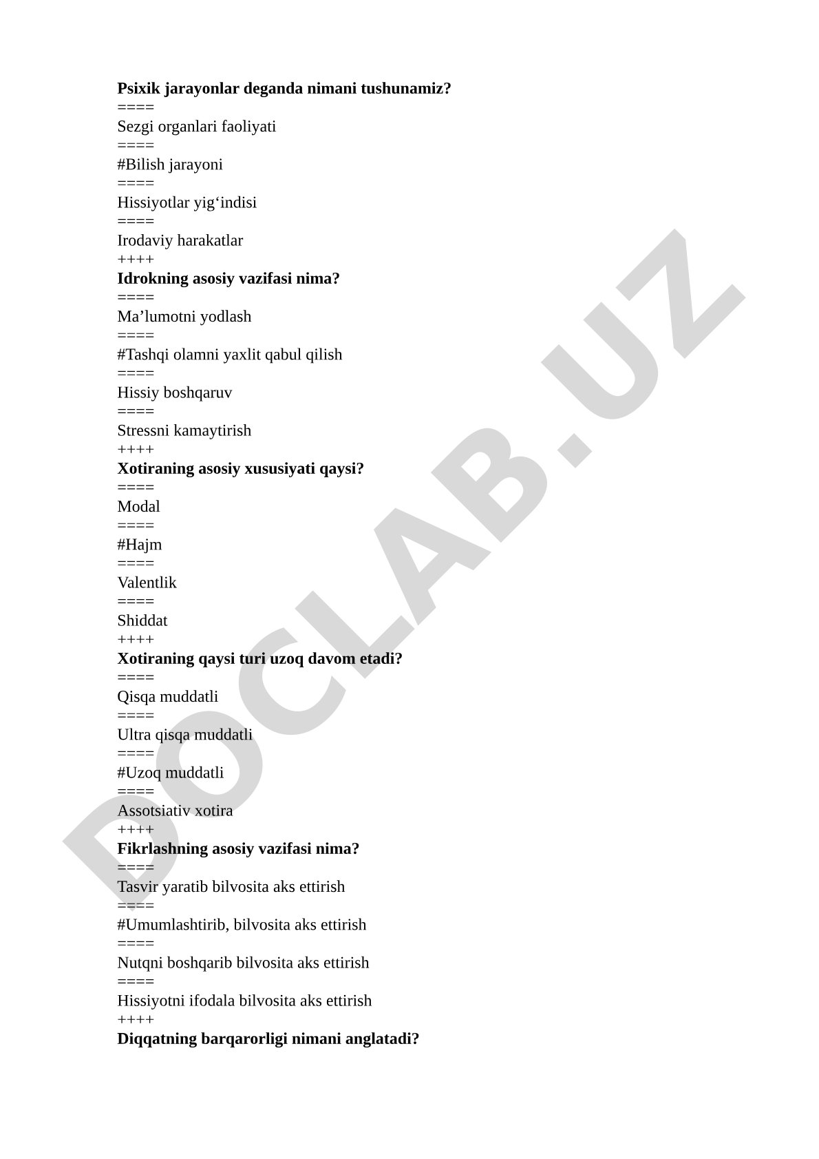 Psixik jarayonlar bo'yicha test savollari