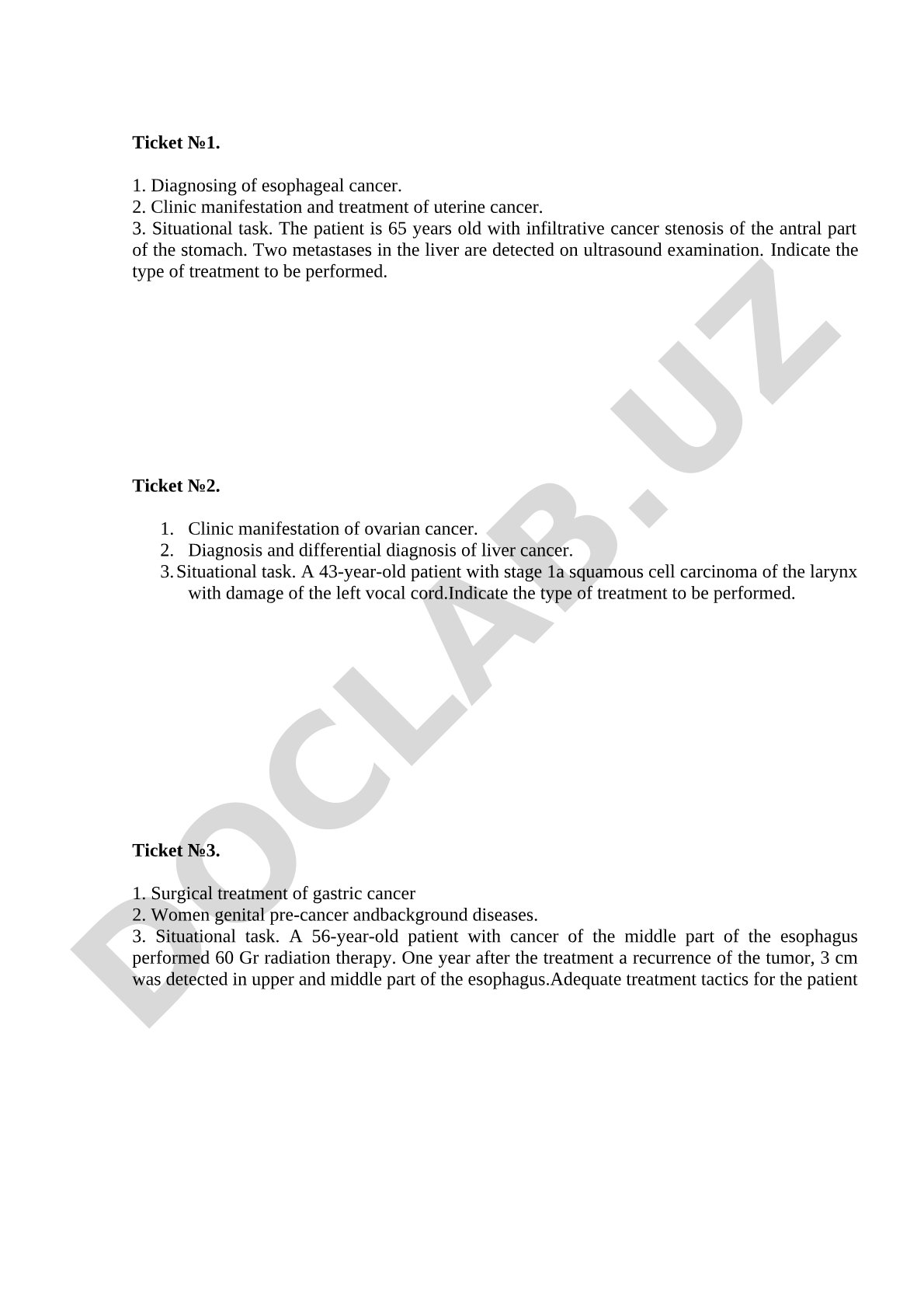 Oncology exam tickets on cancer diagnosis and treatment