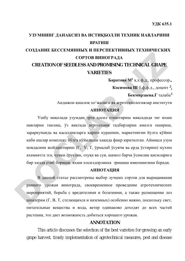 Узумнинг данаксиз ва истиқболли техник навларини яратиш