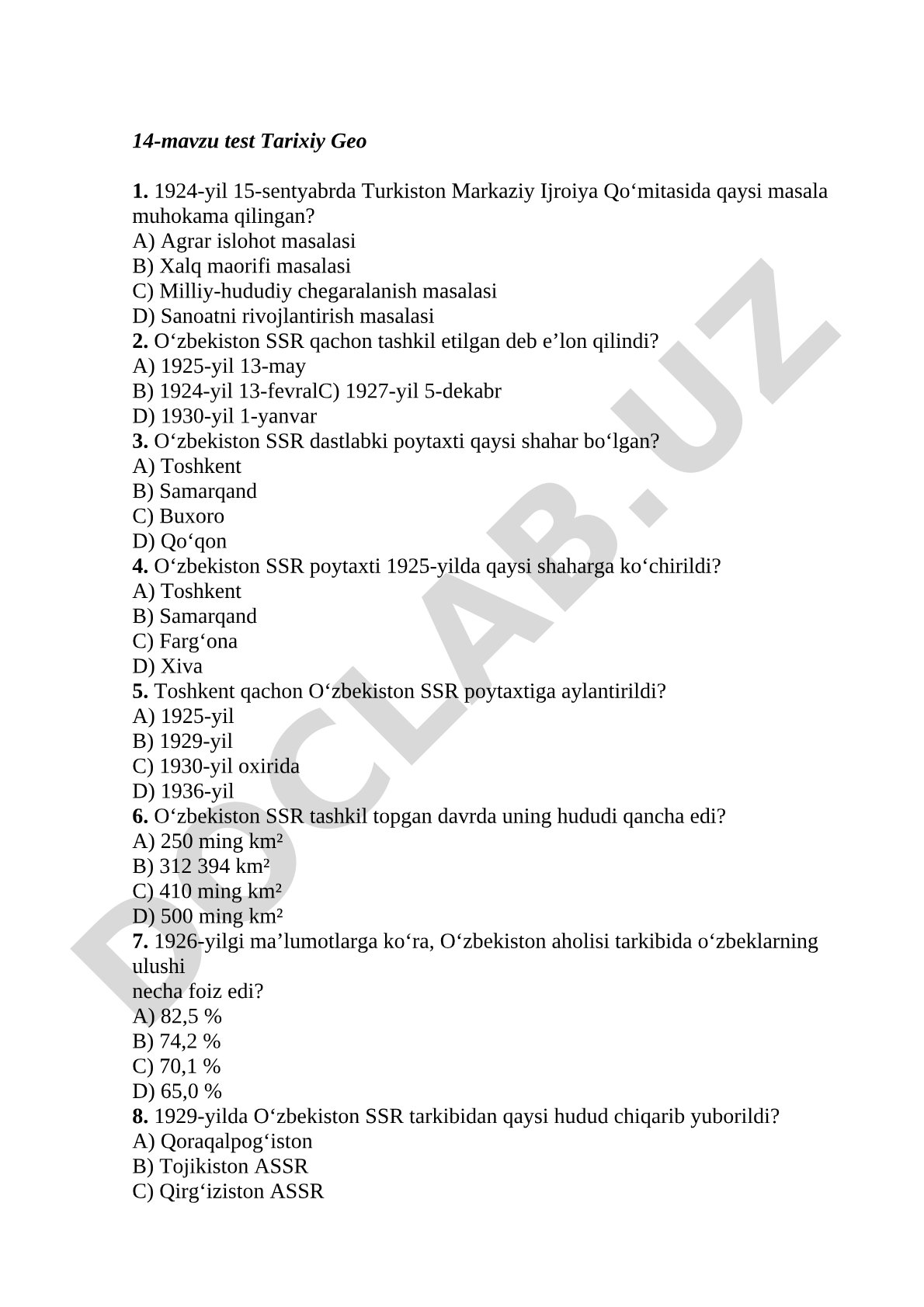 O'zbekiston SSR tashkil topishi va tarixiy geografiyasi