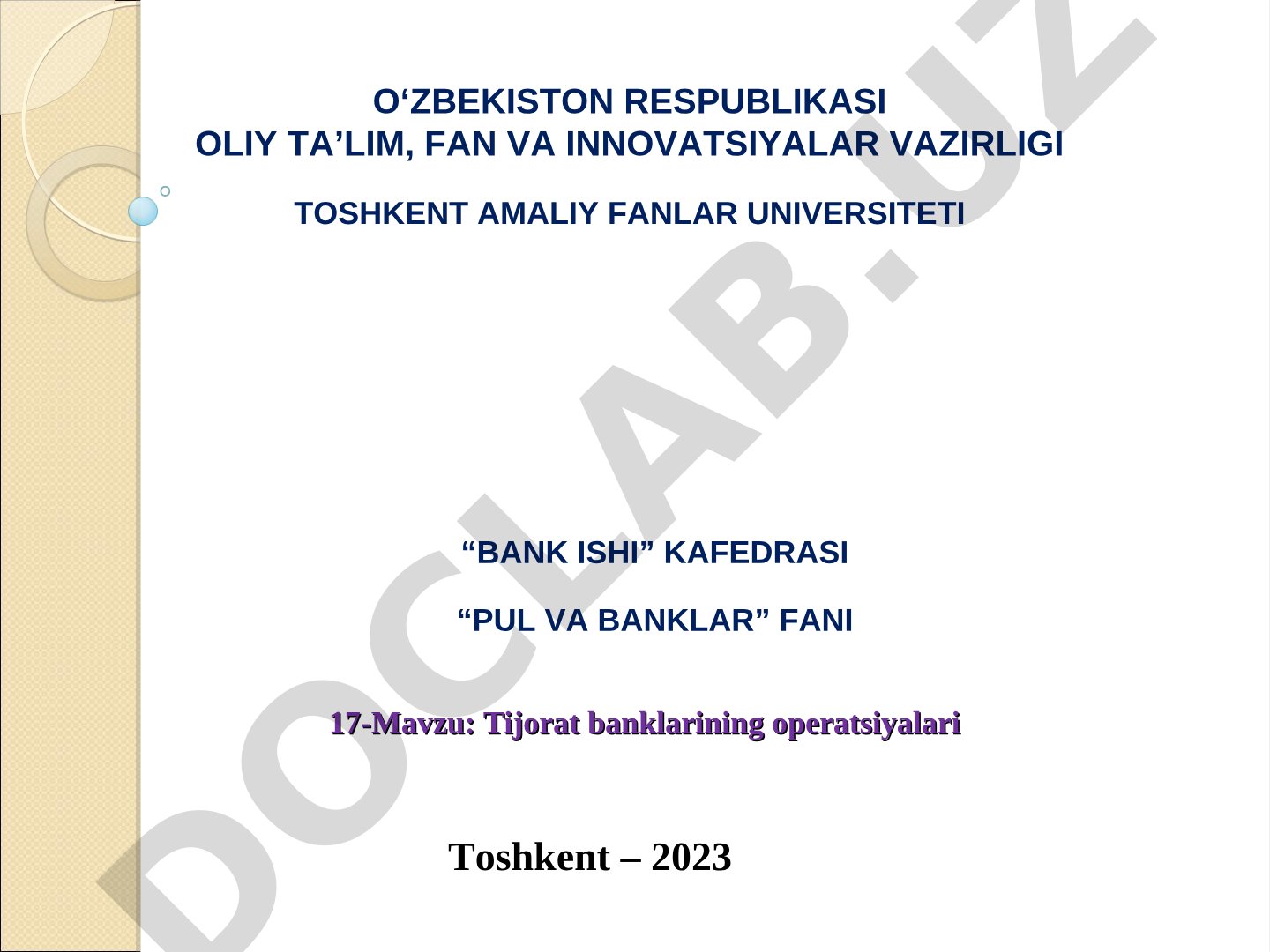 Tijorat banklarining passiv va aktiv operatsiyalari, moliyaviy xizmatlari haqida taqdimot