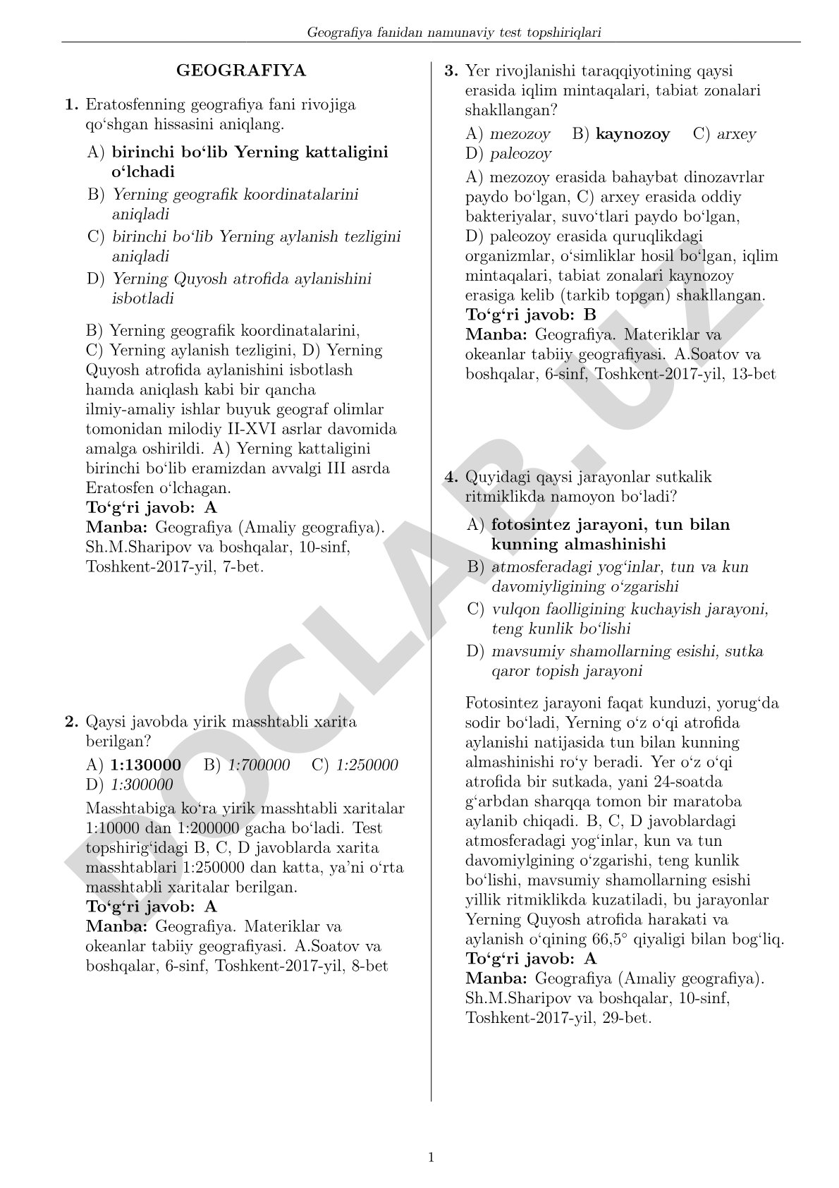 Geografiya fanidan namunaviy test topshiriqlari