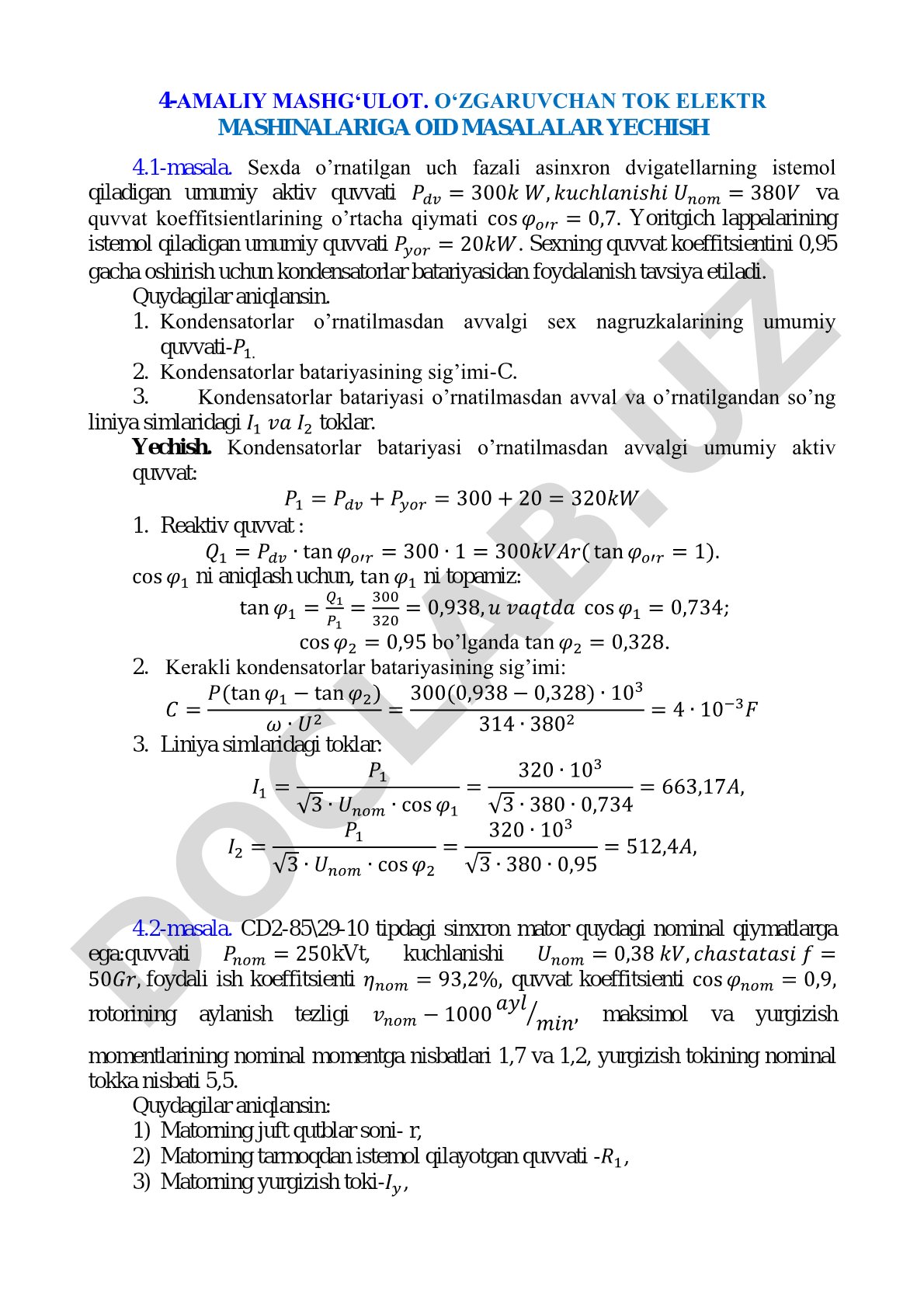 O‘ZGARUVCHAN TOK ELEKTR MASHINALARIGA OID MASALALAR YECHISH