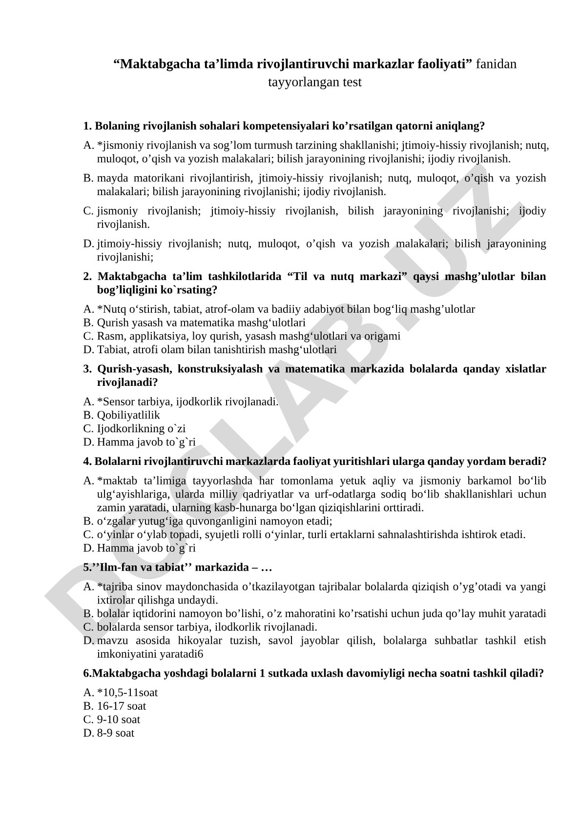 Maktabgacha ta’limda rivojlantiruvchi markazlar faoliyati