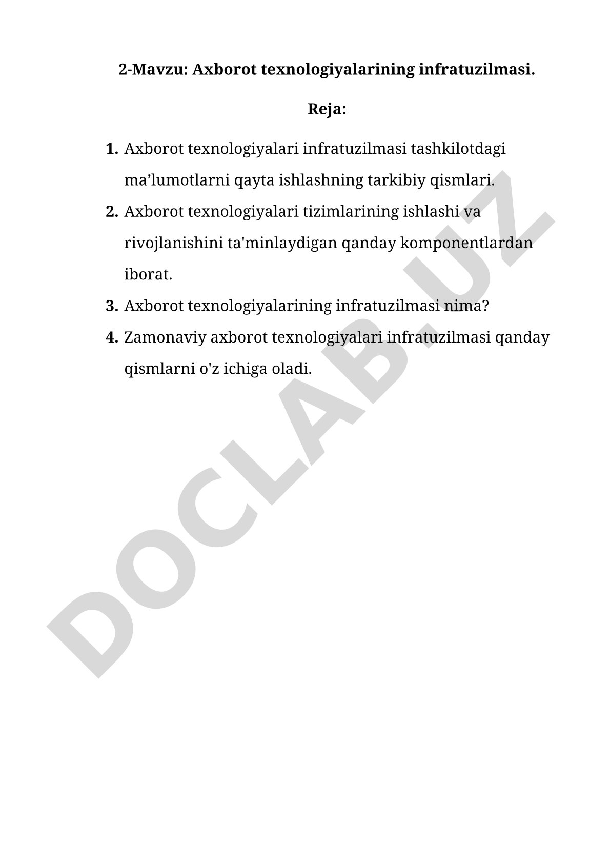 Axborot texnologiyalari infratuzilmasi tarkibiy qismlari, komponentlari va vazifalari