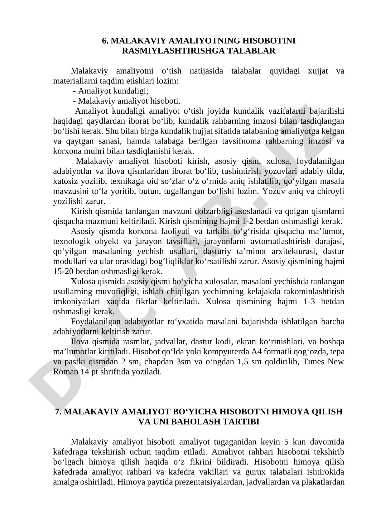 Malakaviy amaliyot hisobotini rasmiylashtirishga talablar