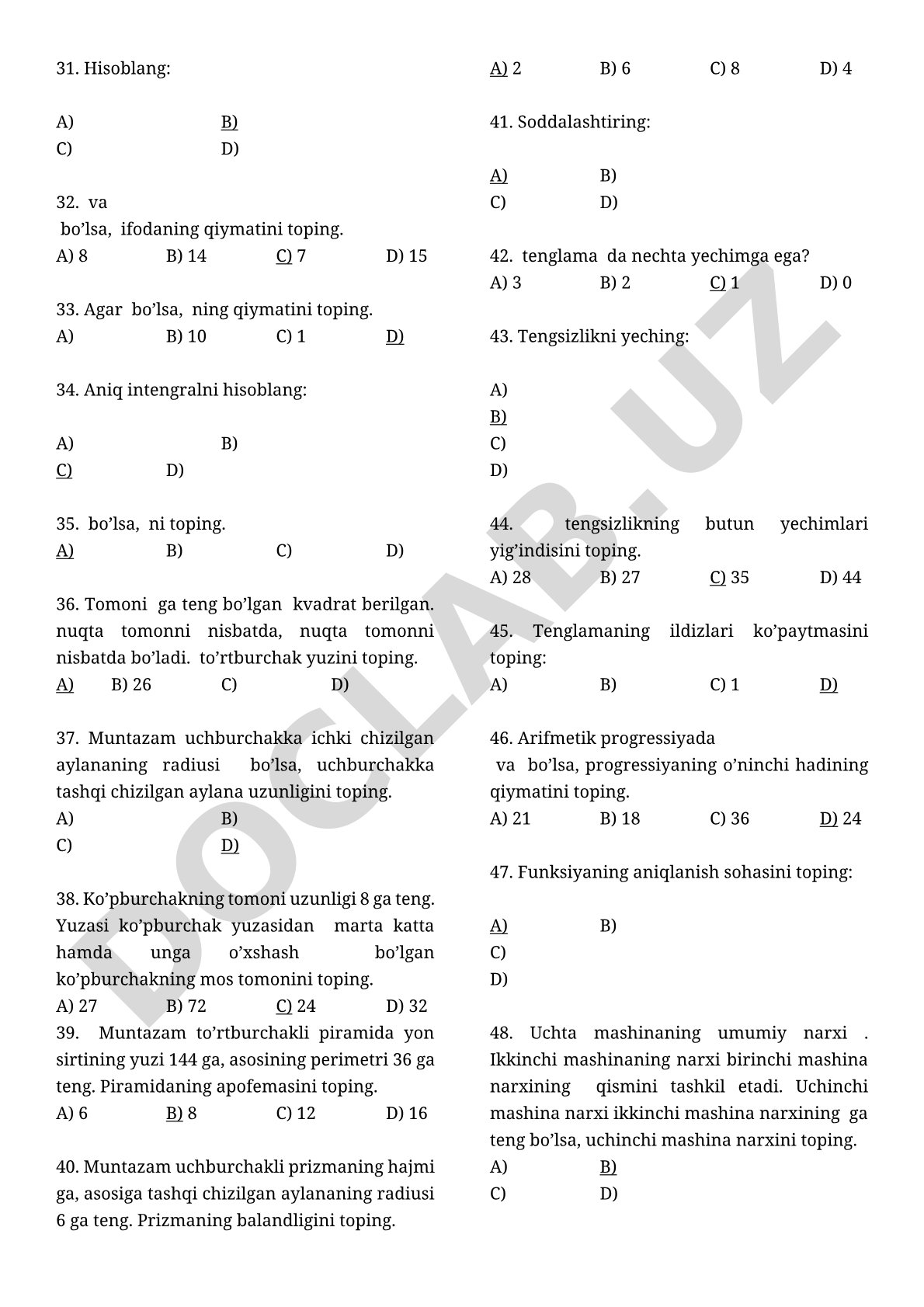 Matematik test savollari