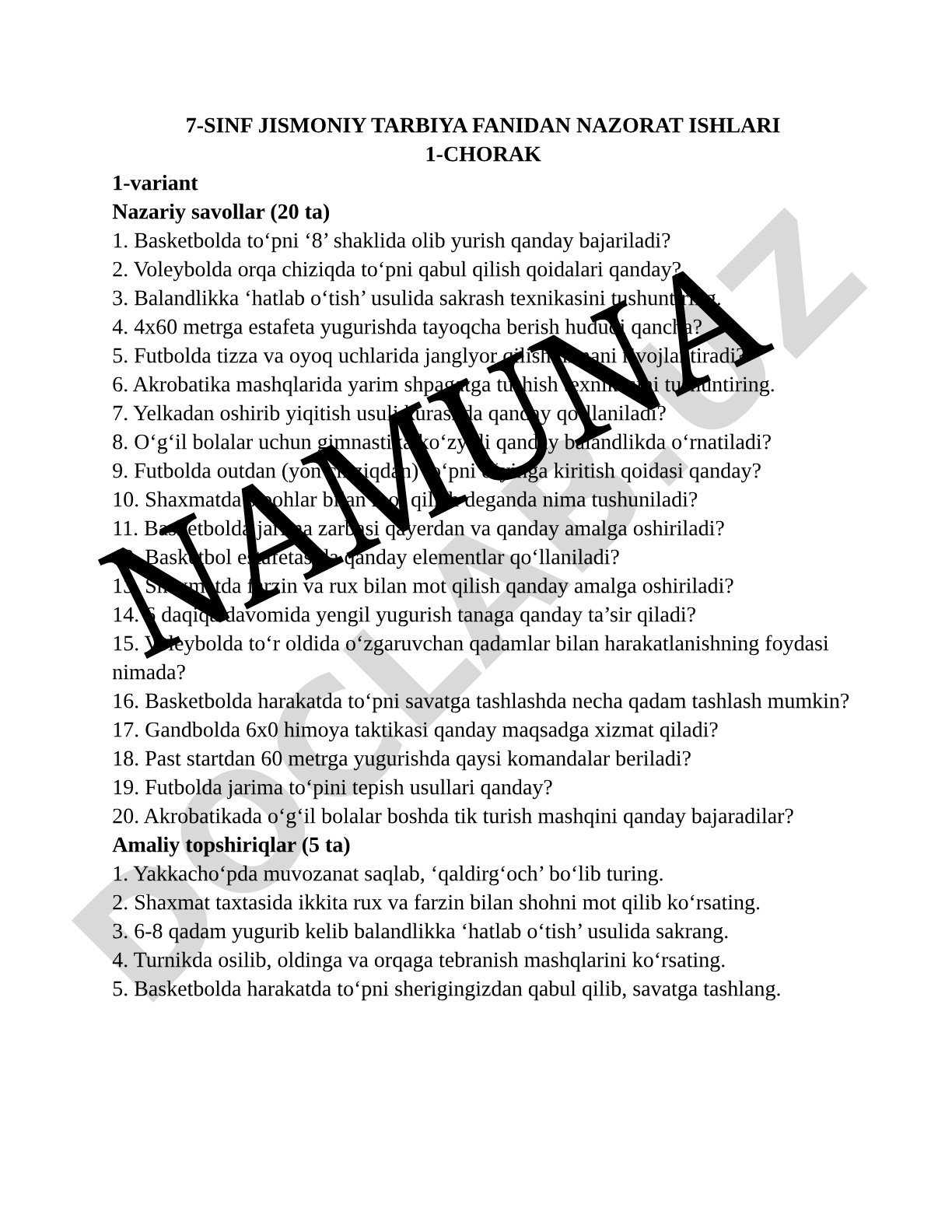 7-sinf jismoniy tarbiya fanidan nazorat ishlari 1-chorak 1-variant