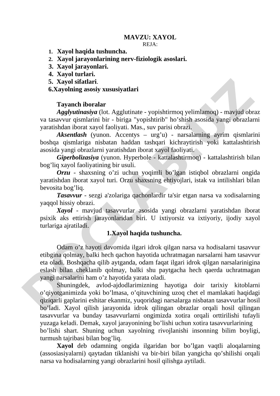 Xayol haqida tushuncha va uning turlari