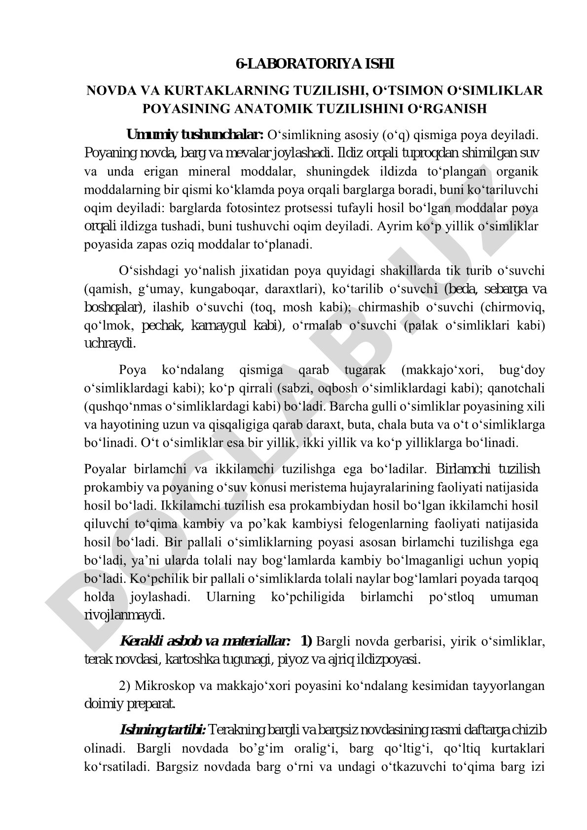 Novda va kurtaklar tuzilishi, o‘tsimon o‘simliklar poyasining anatomik tuzilishi