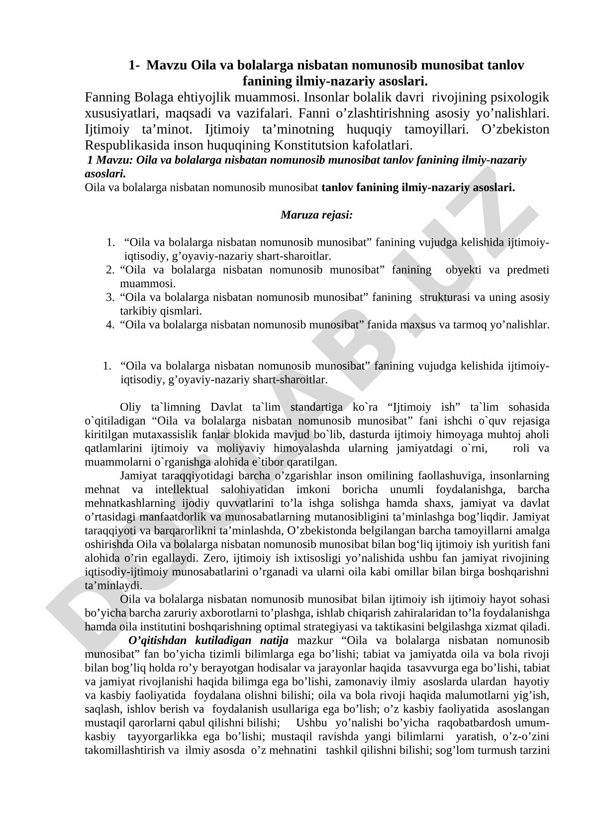 Oila va bolalarga nisbatan nomunosib munosibat tanlov fanining ilmiy-nazariy asoslari