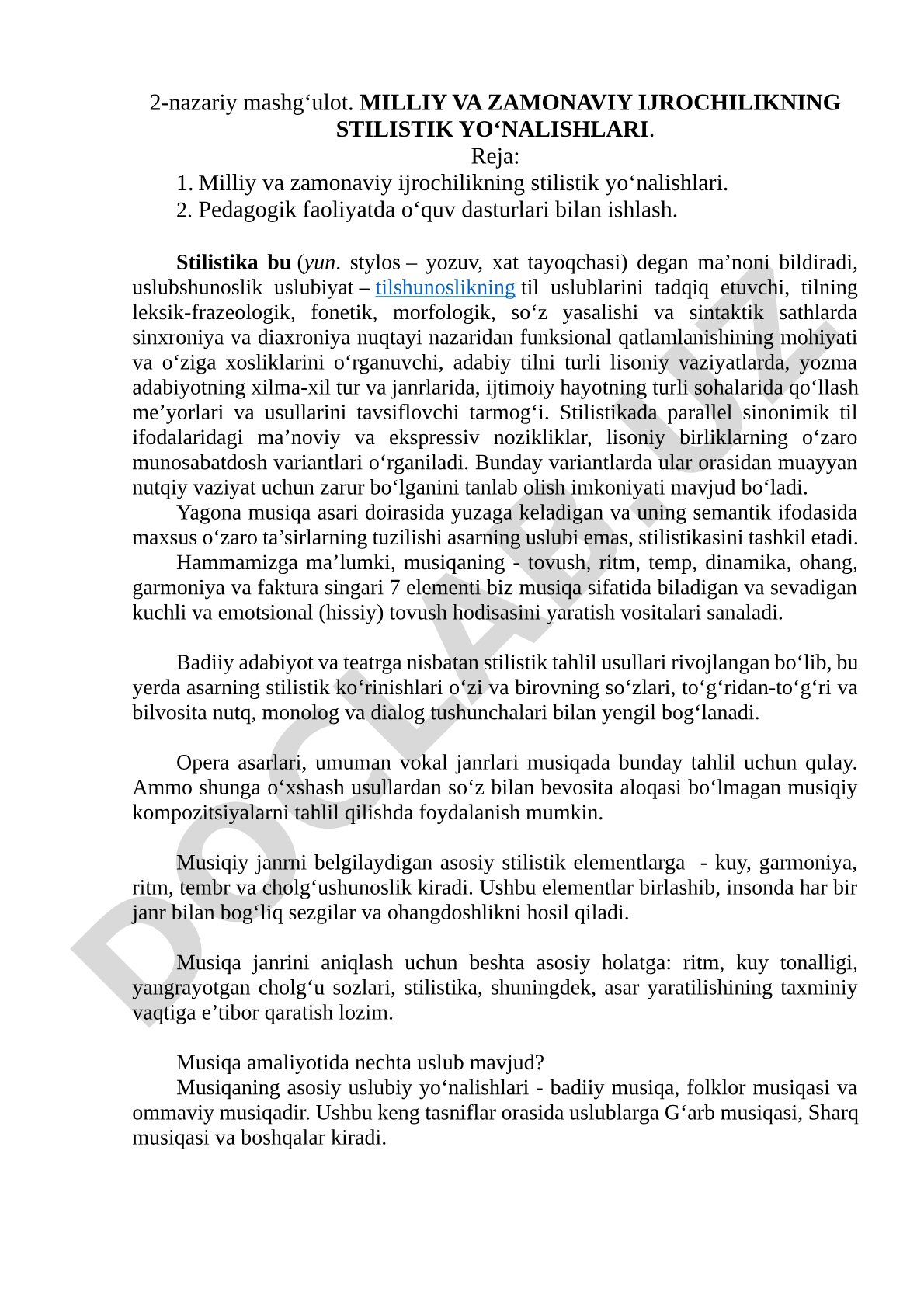 Milliy va zamonaviy ijrochilikning stilistik yo'nalishlari