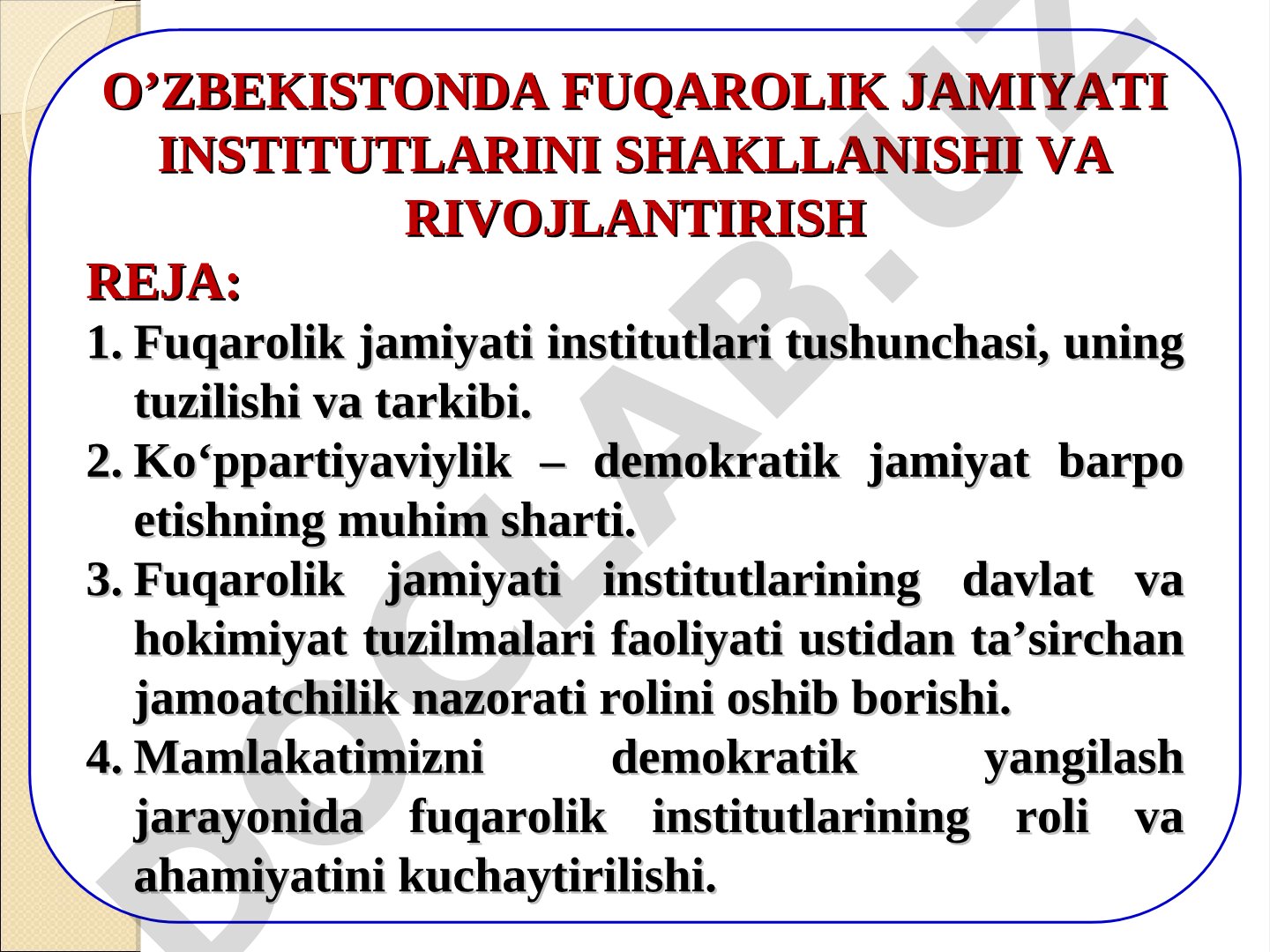 O‘zbekistonda fuqarolik jamiyati institutlarini shakllanishi va rivojlanishi