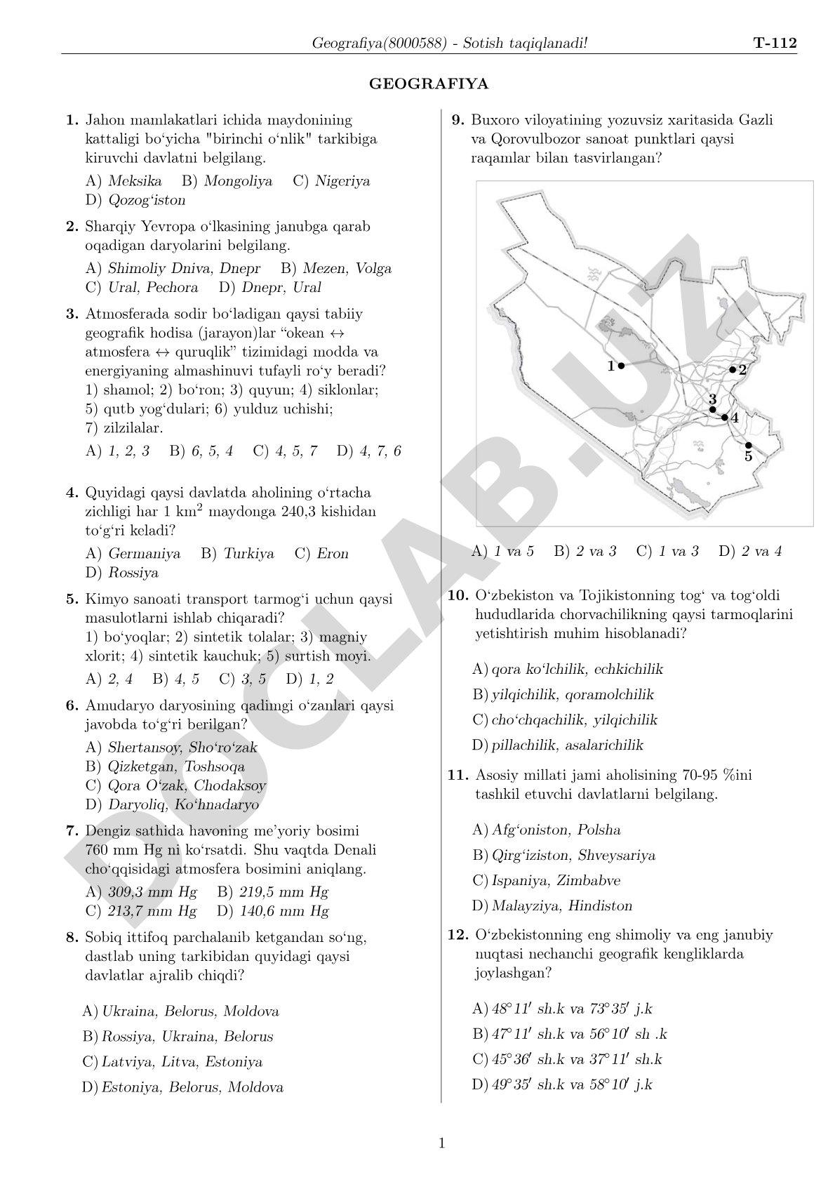 Geografiya fanidan test savollari