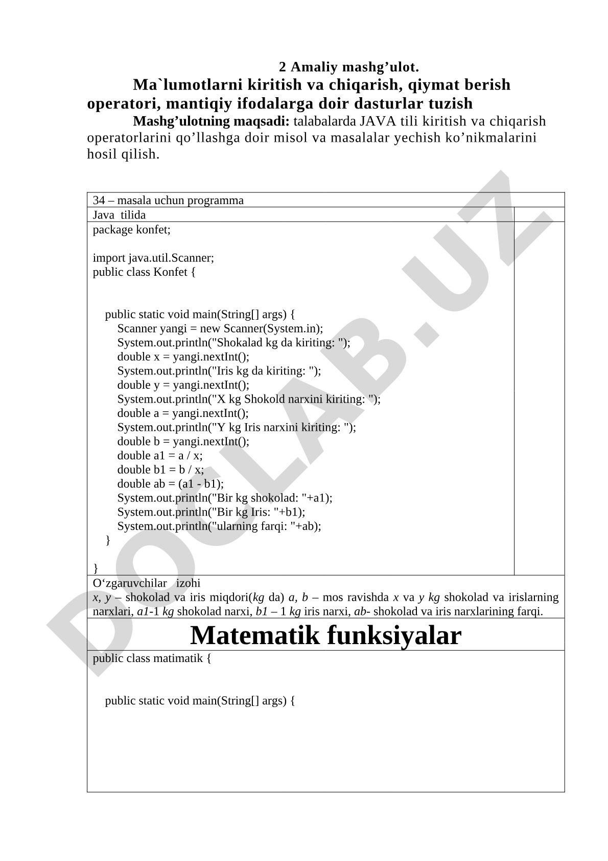 Ma`lumotlarni kiritish va chiqarish, qiymat berish operatori, mantiqiy ifodalarga doir