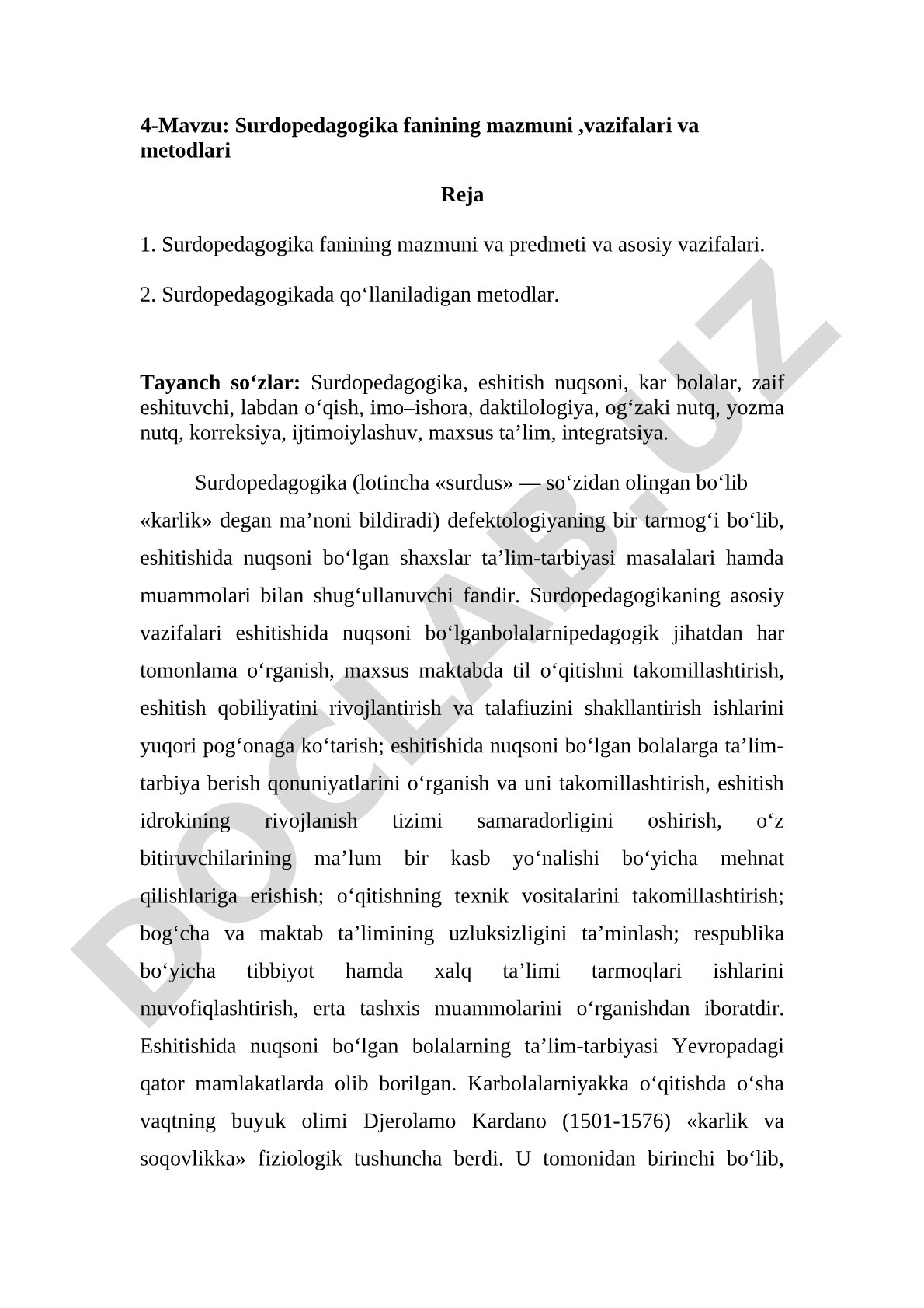 Surdopedagogika fanining mazmuni, vazifalari va metodlari