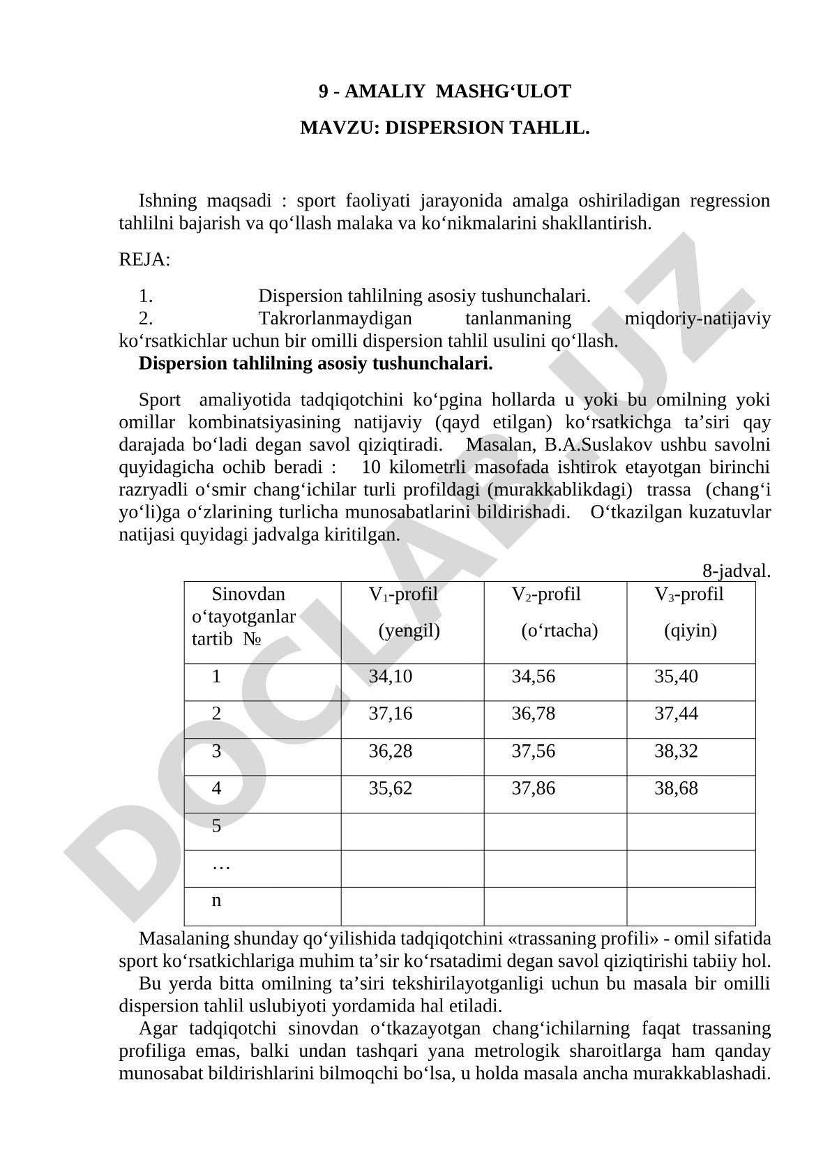 Sport faoliyatida dispersion tahlil usullari va qo'llanilishi
