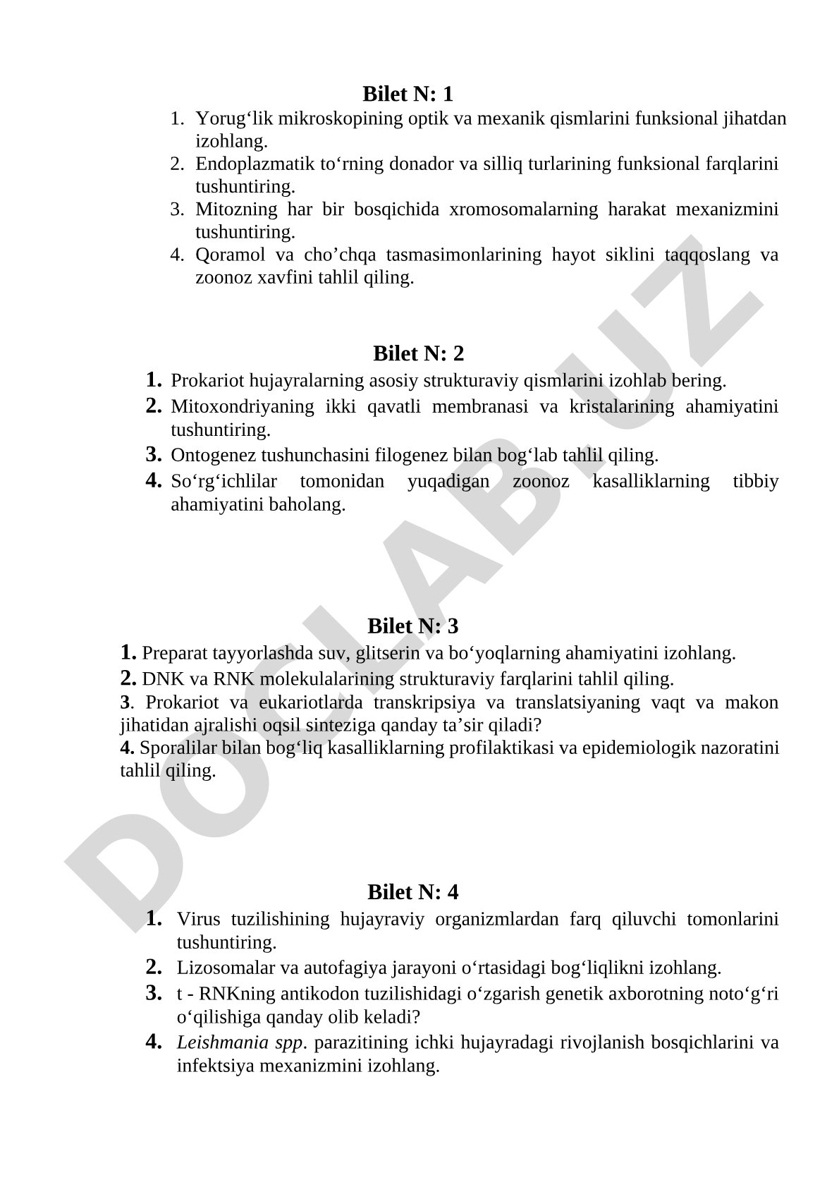Biologiya fanidan imtihon biletlari