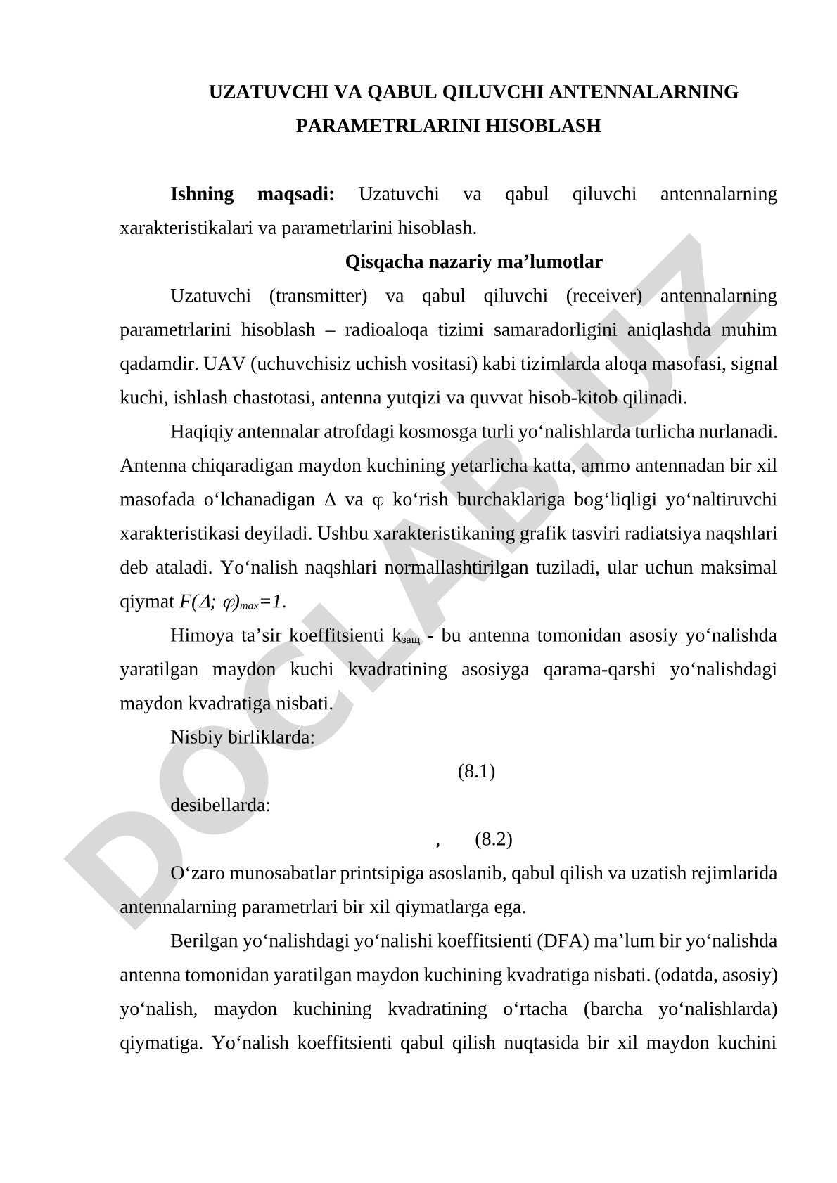 Uzatuvchi va qabul qiluvchi antennalarning parametrlarini hisoblash