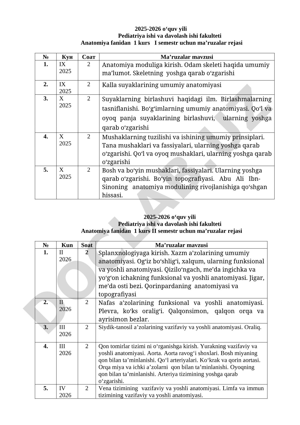 Anatomiya fanidan 1 kurs ma’ruzalar rejasi