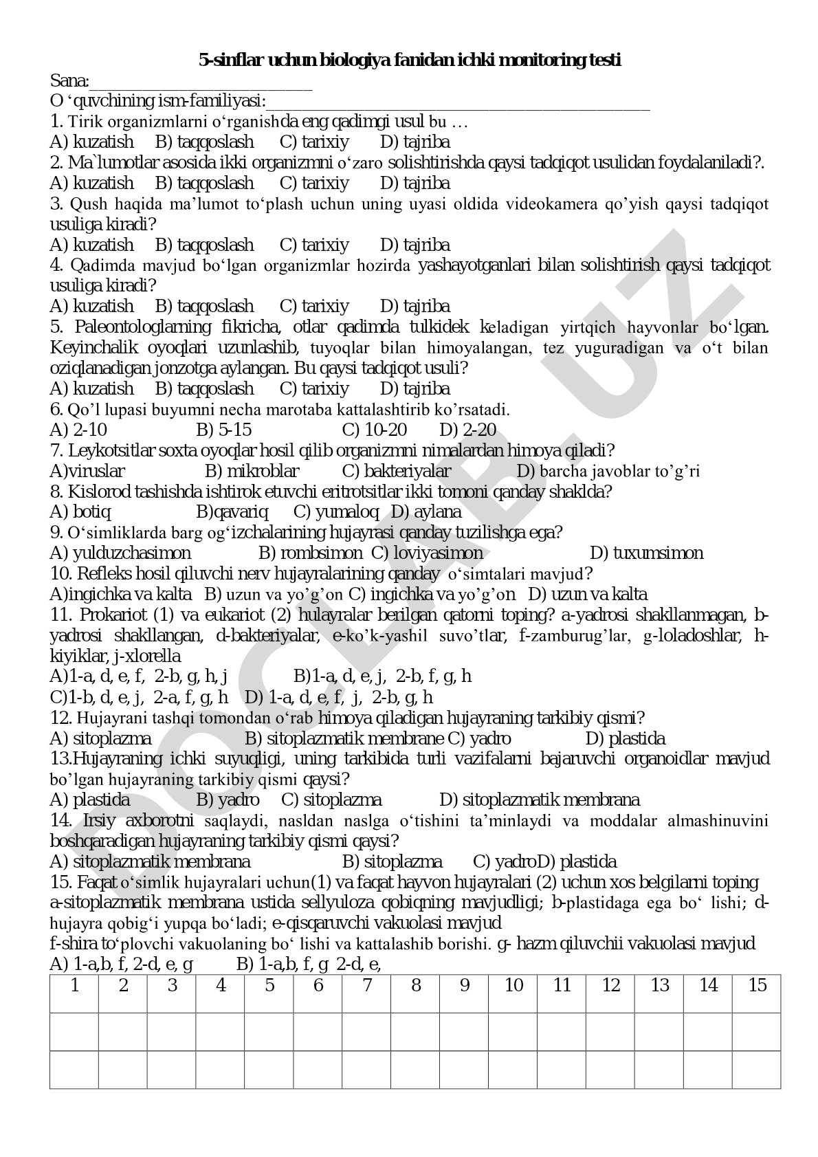 5-sinf biologiya fanidan ichki monitoring testi