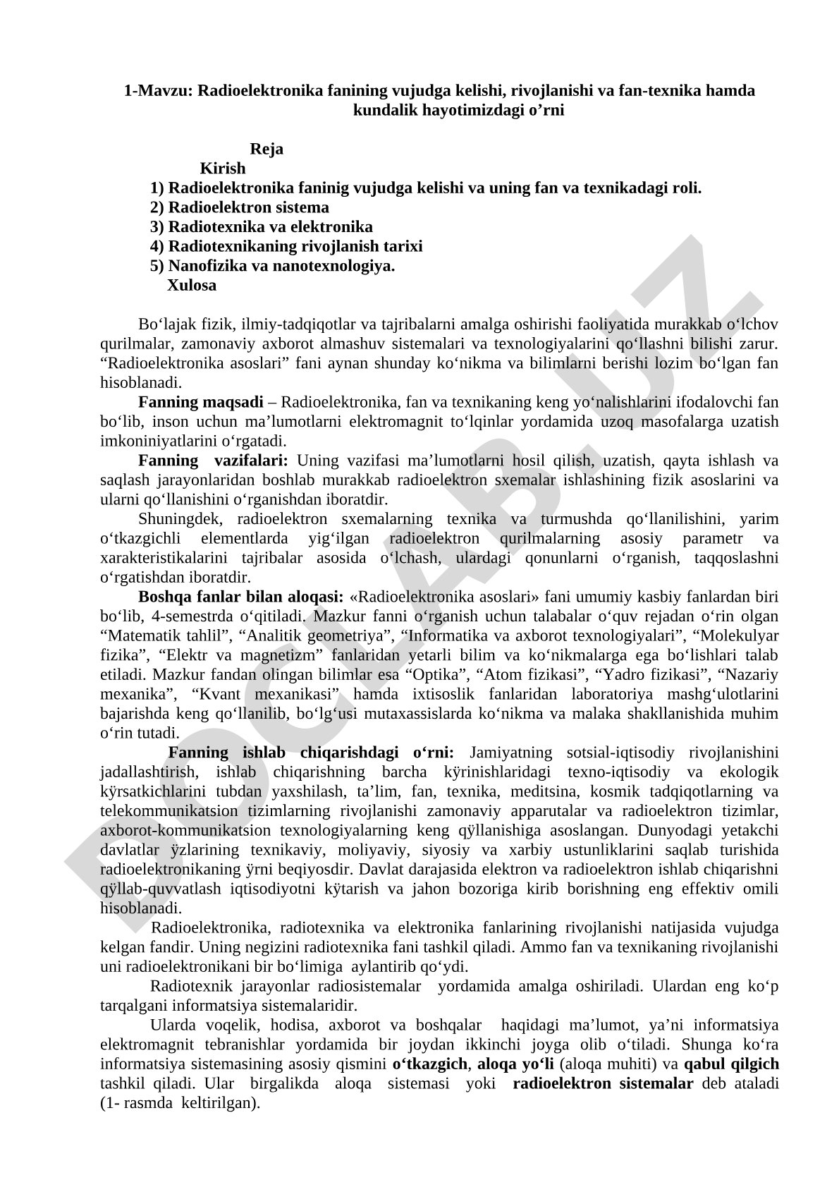 Radioelektronika fanining vujudga kelishi, rivojlanishi va fan-texnika hamda kundalik hayotimizdagi o’rni