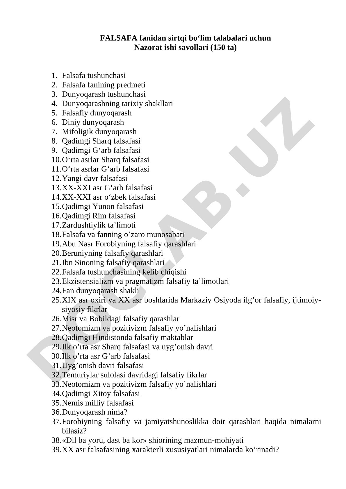 Falsafa fanidan nazorat savollari