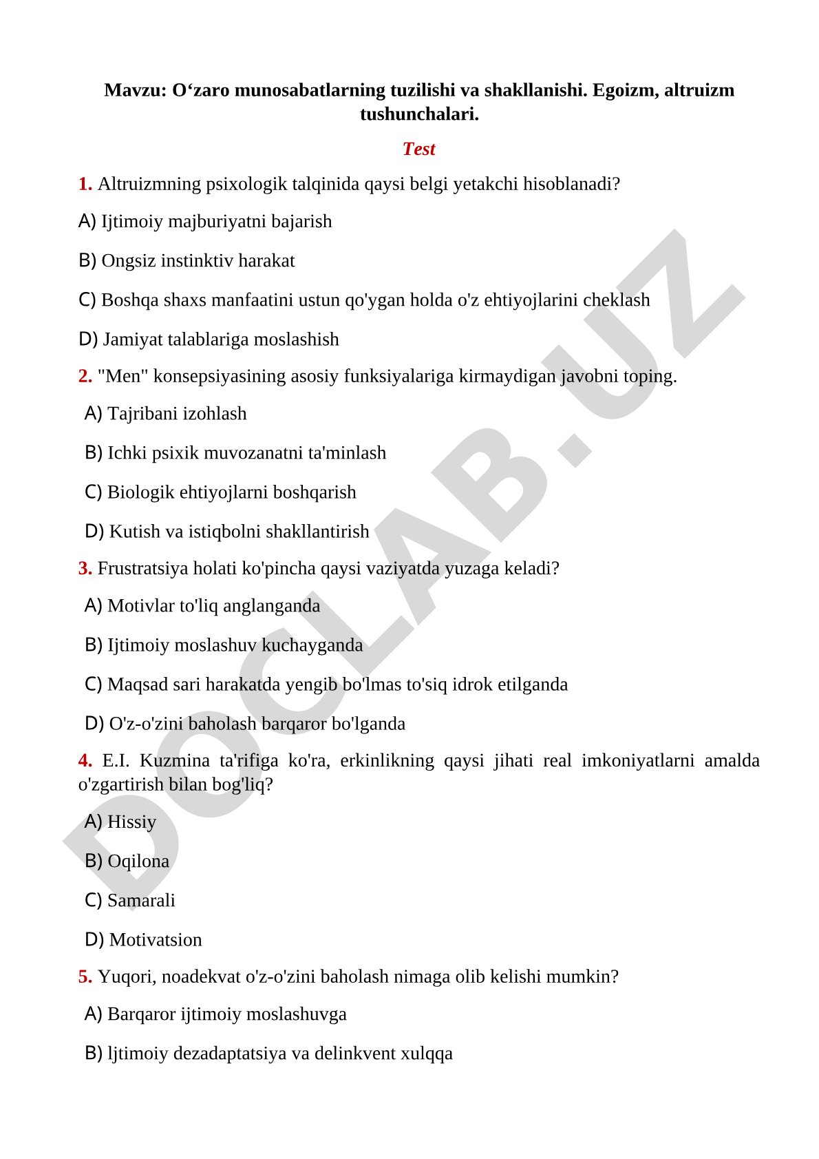 O‘zaro munosabatlarning tuzilishi va shakllanishi. Egoizm, altruizm tushunchalari.