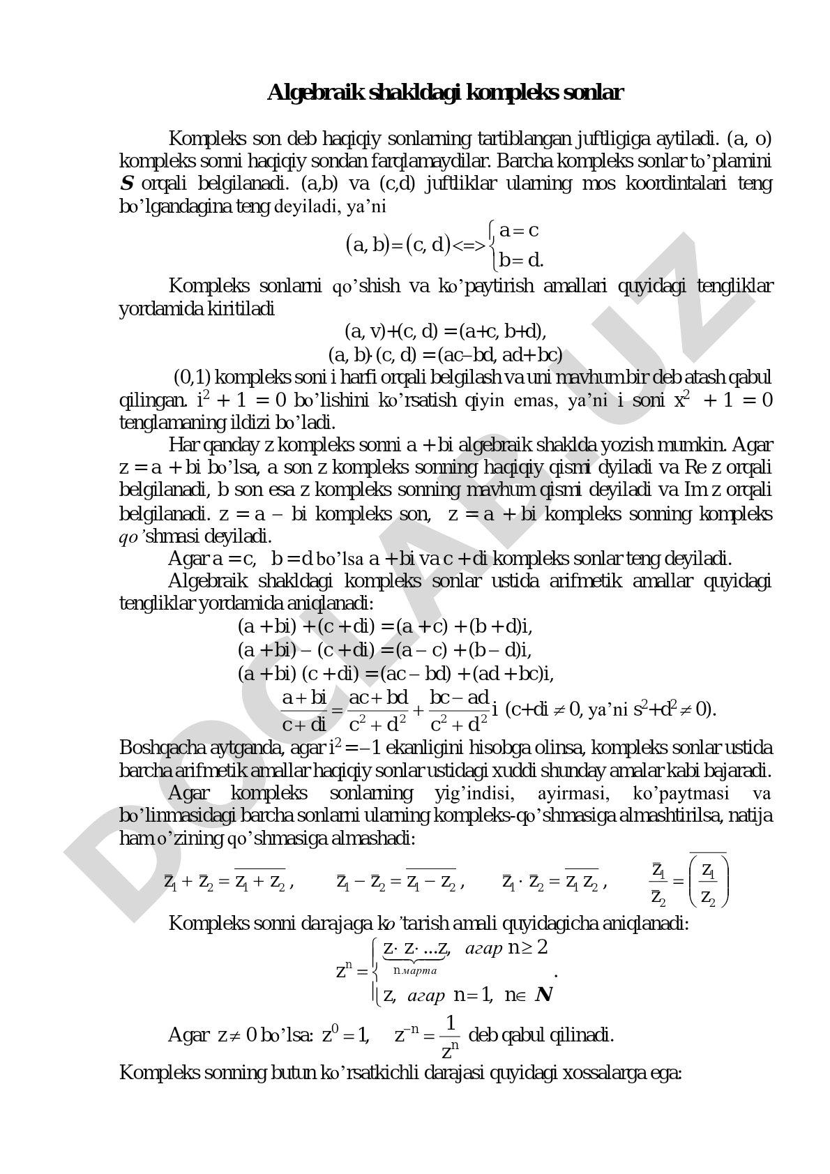 Algebraik shakldagi kompleks sonlar