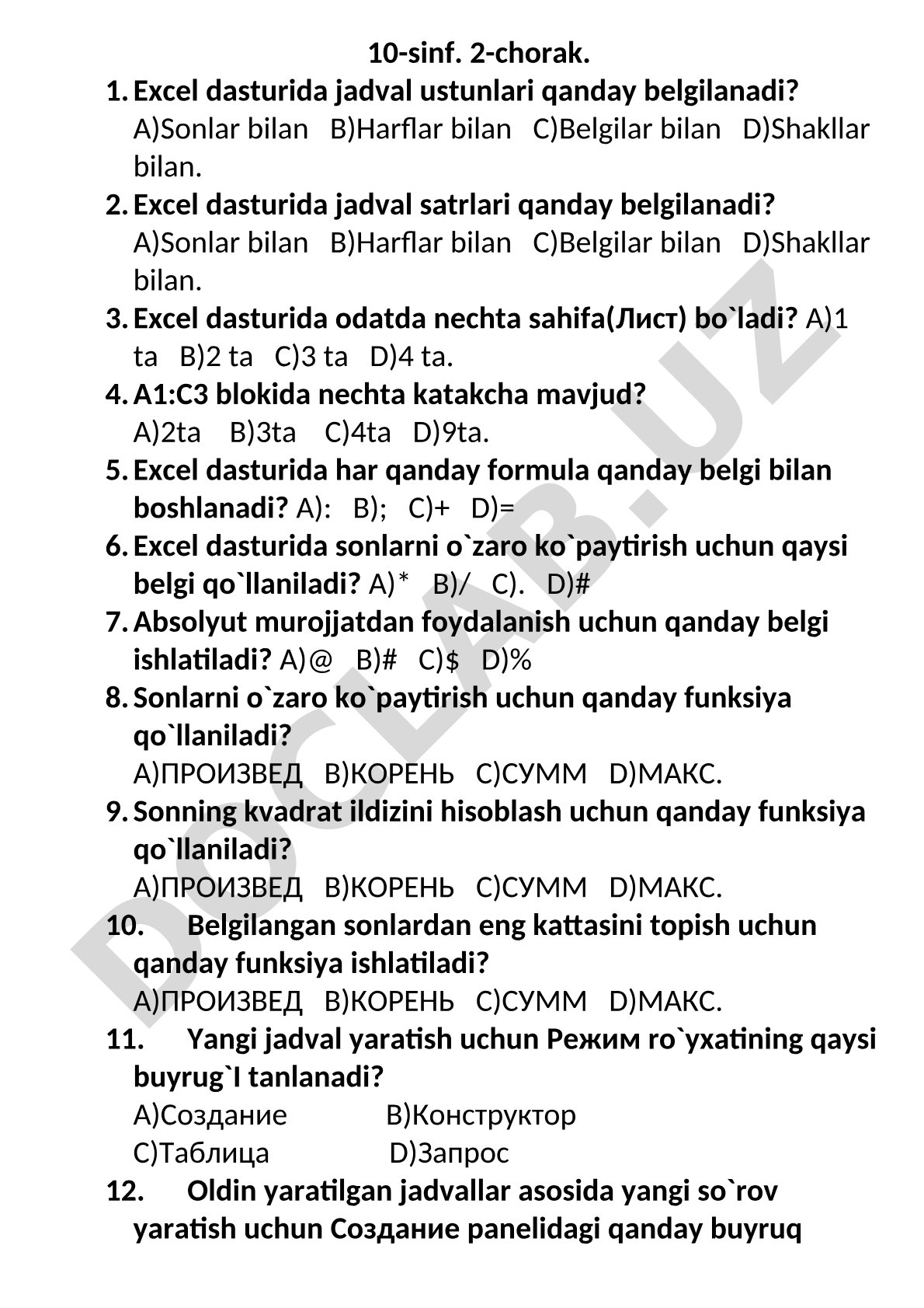 10-sinf Excel dasturida jadval va funksiyalarga oid savollar