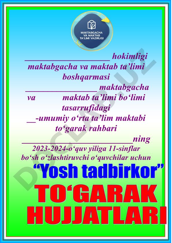 Bo'sh o'zlashtiruvchi o'quvchilar uchun to'garak ishlari rejasi