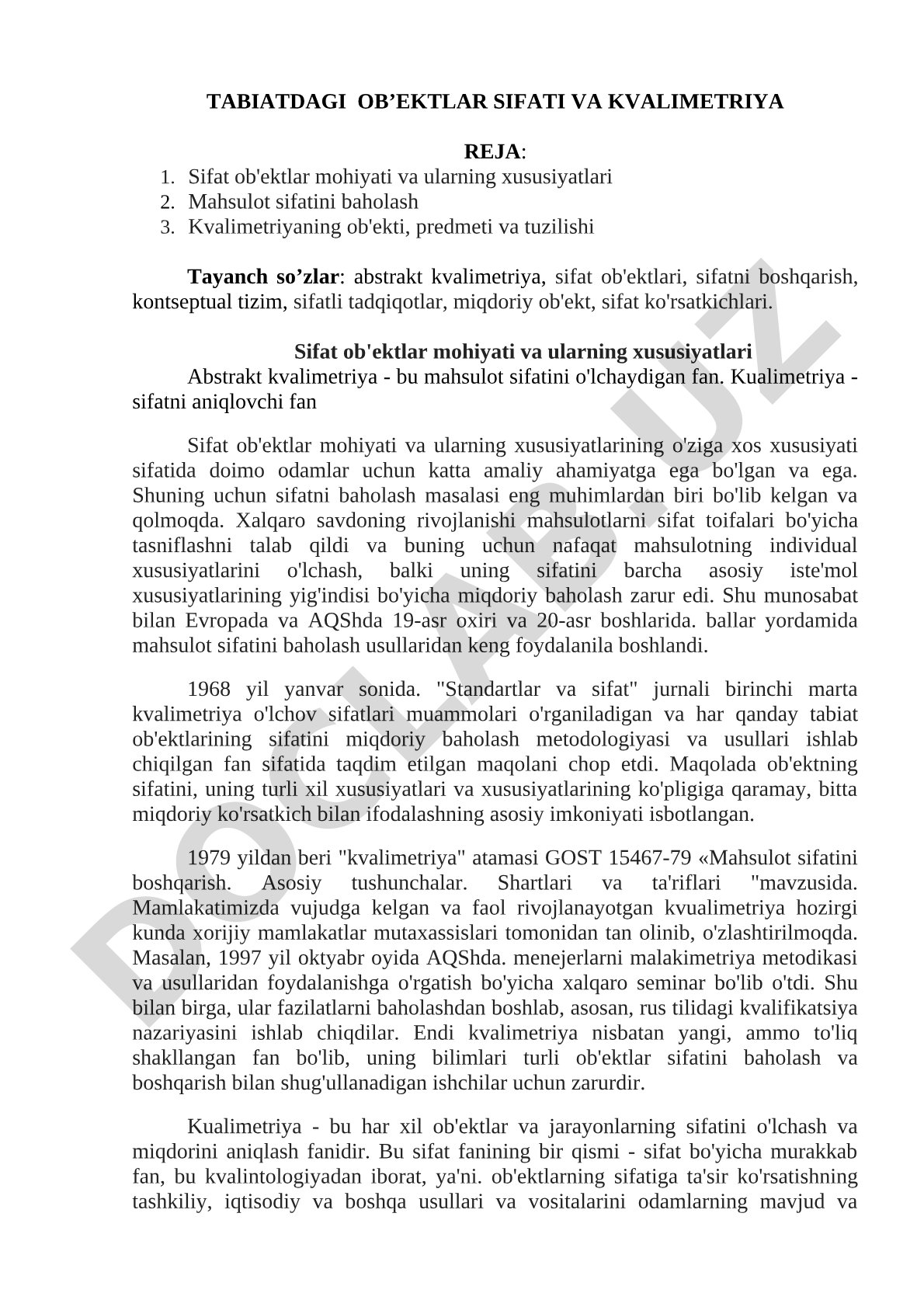 Tabiatdagi ob'ektlar sifati va kvalimetriya