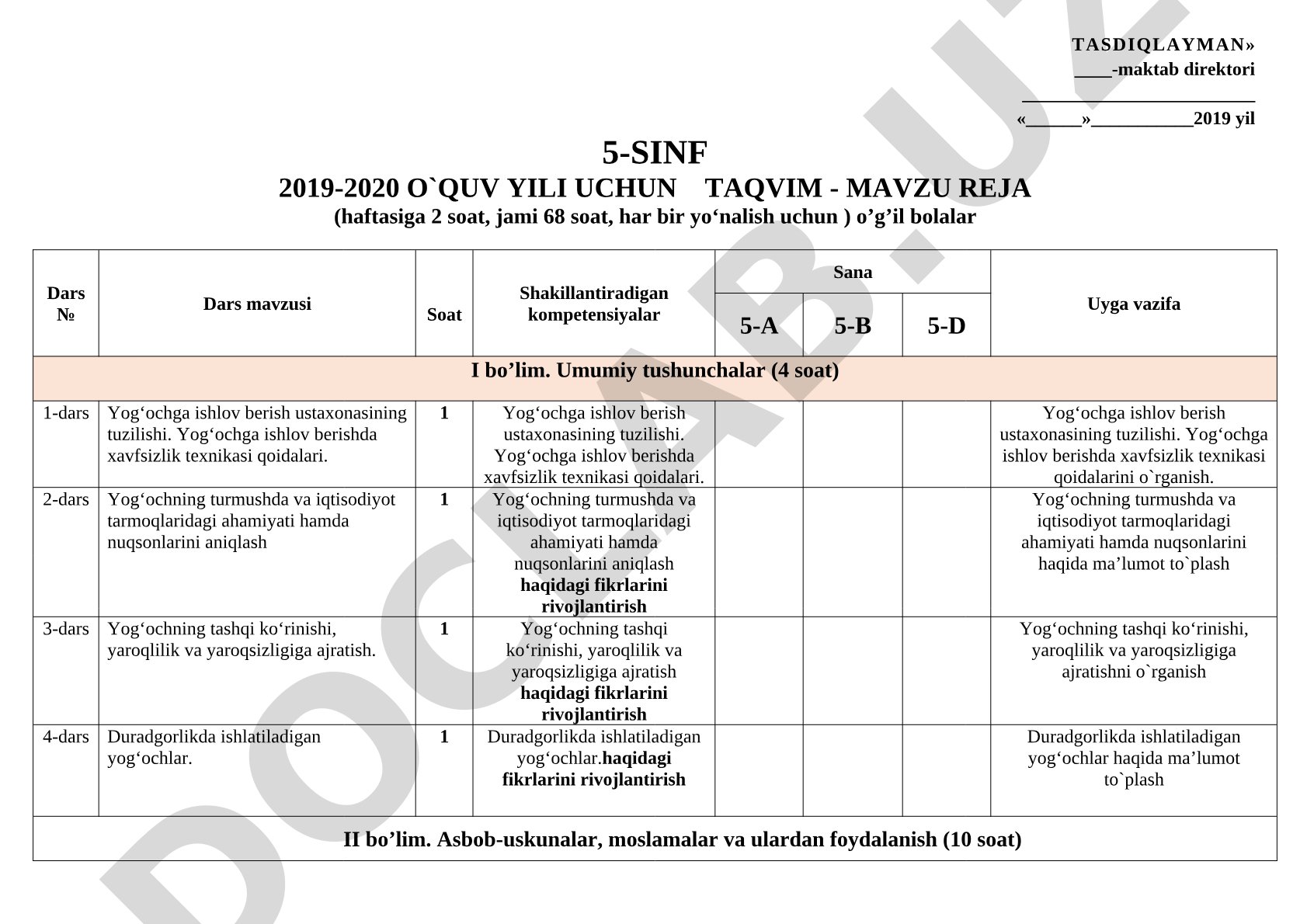 5-sinf yog'ochga ishlov berish taqvim-mavzu rejasi